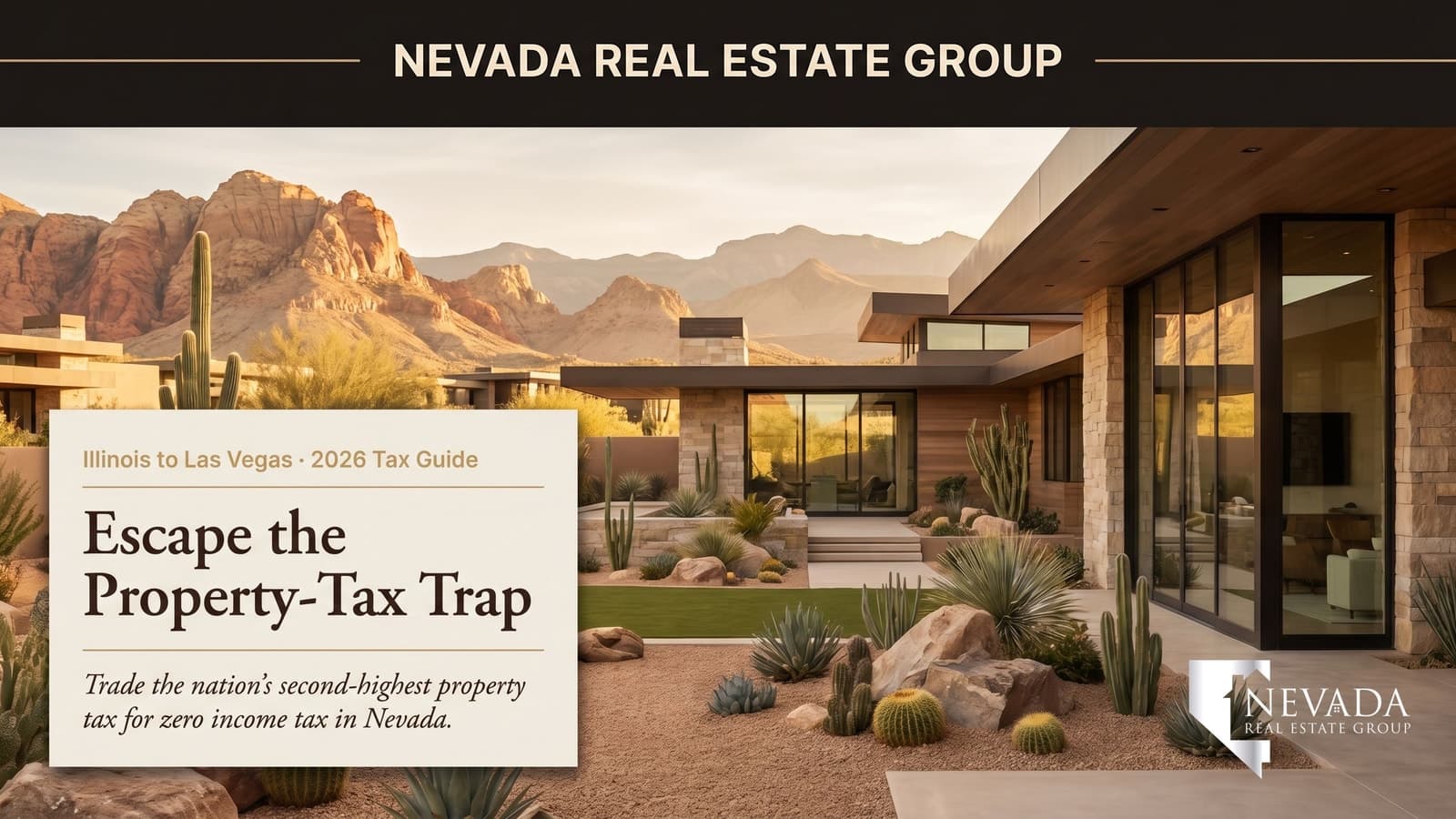 Las Vegas homes against Red Rock Canyon at golden hour, a low-tax destination for Illinois and Chicago residents relocating to escape the nation's second-highest property taxes — Nevada Real Estate Group