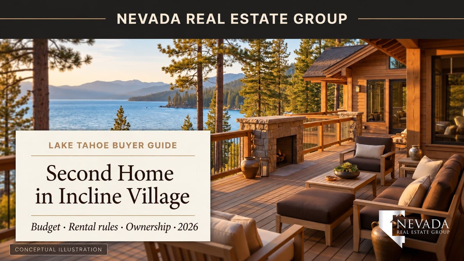 Conceptual illustration of a cabin deck and alpine lake for an Incline Village second-home planning guide