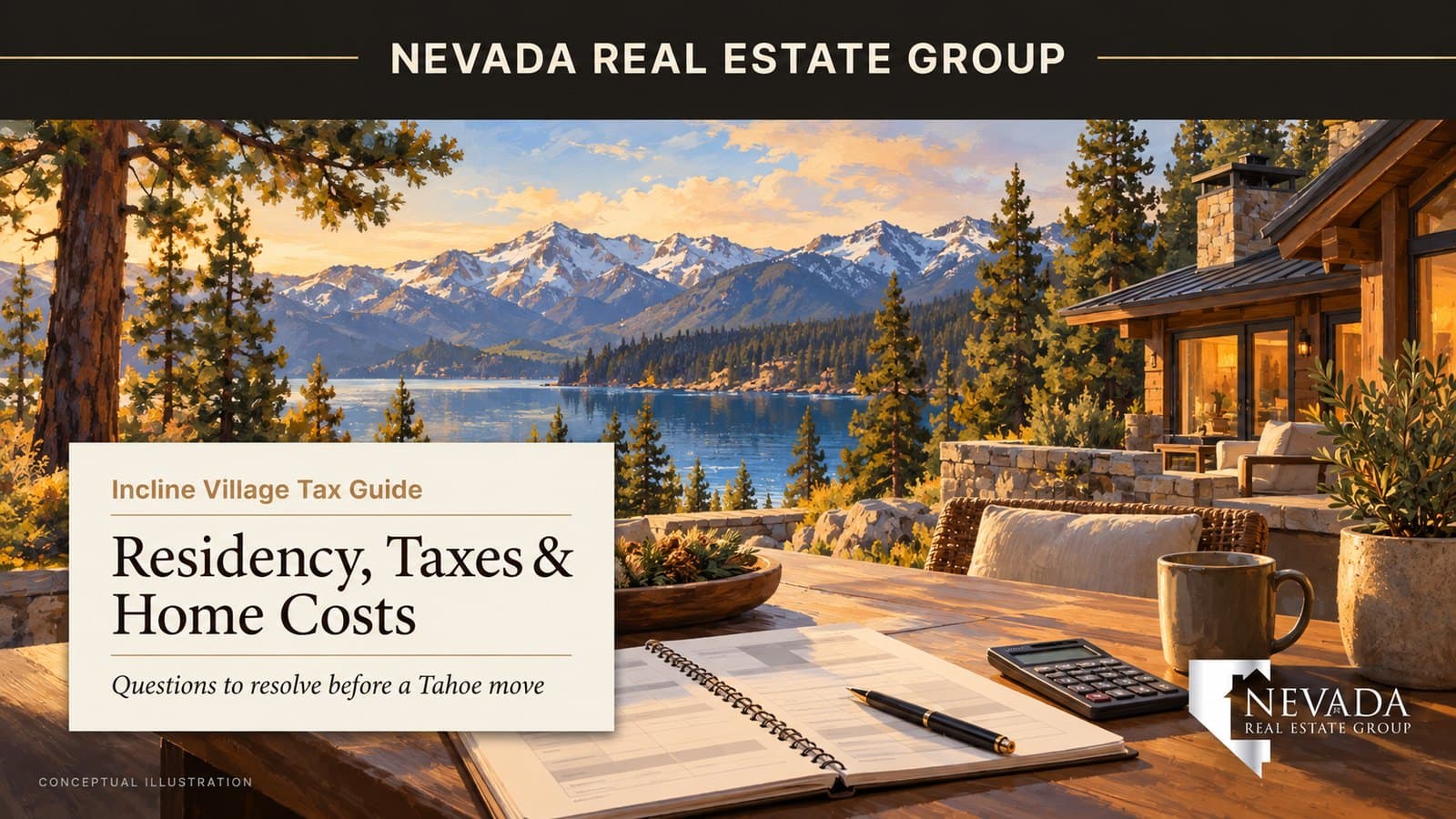 Conceptual alpine home and mountain lake illustration with a property-cost worksheet for an Incline Village tax move