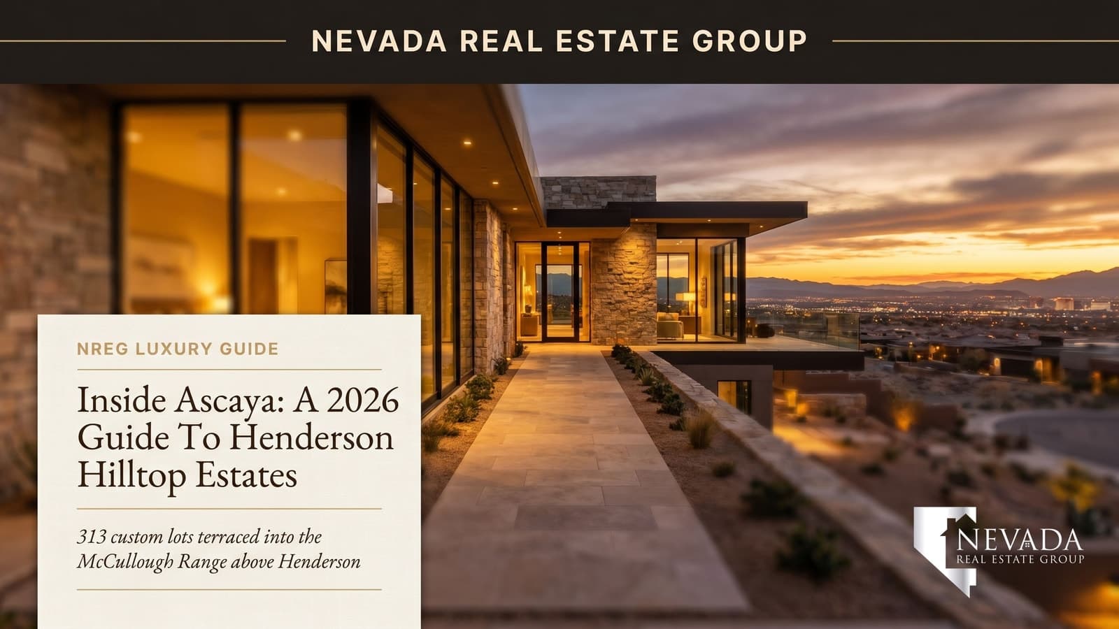 Ascaya Henderson hilltop estate at twilight with infinity pool overlooking Las Vegas Strip skyline