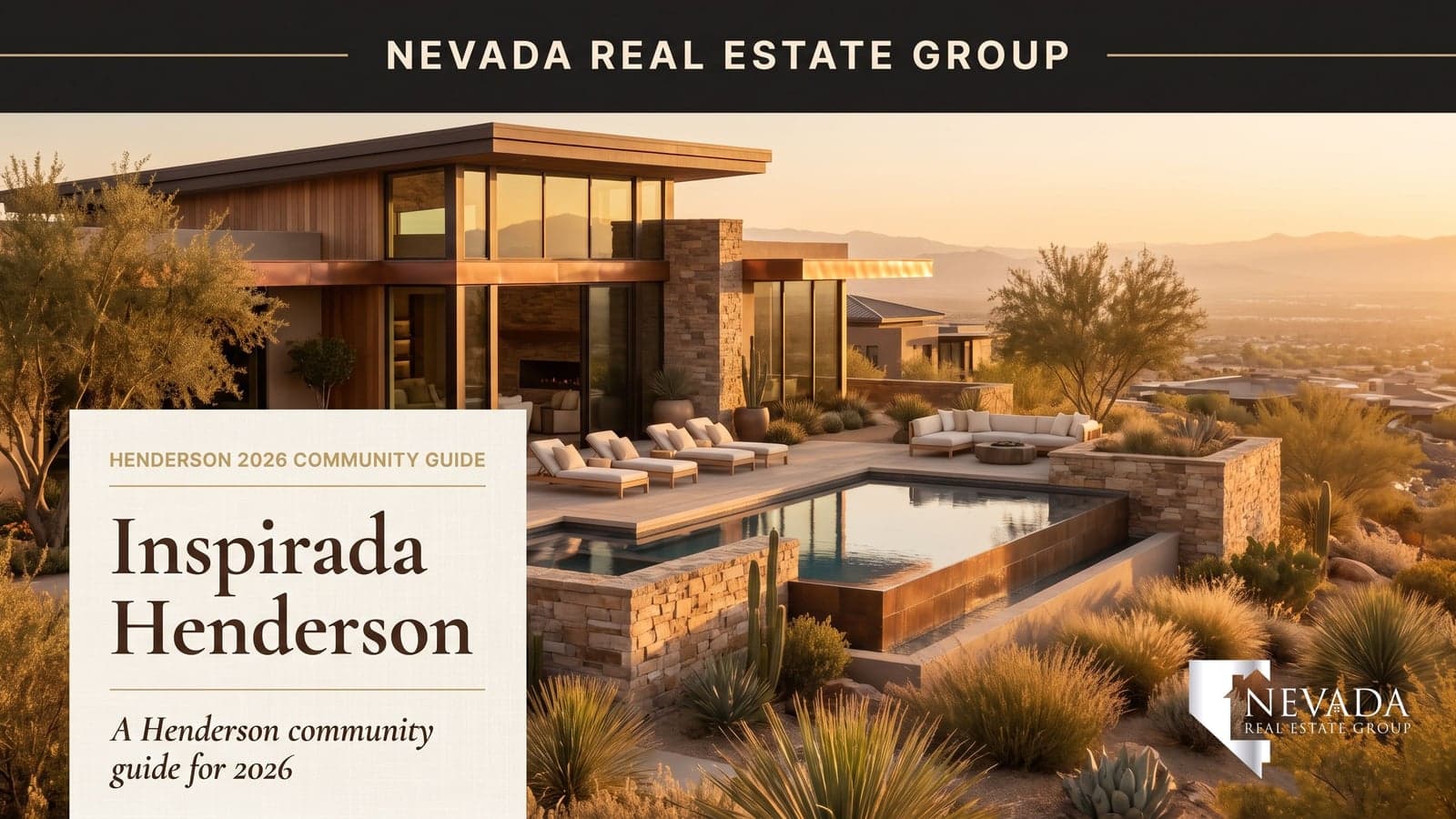 Inspirada Henderson master plan aerial at golden hour with plazas and Mediterranean-style homes