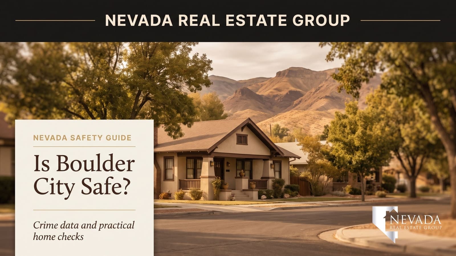 Illustrated Boulder City residential street with a modest bungalow and desert hills