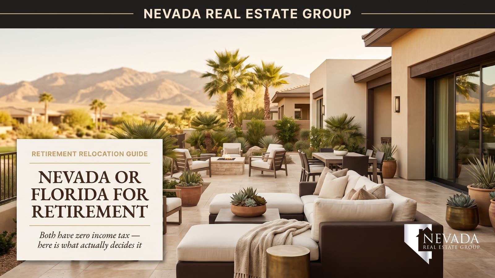 Retired couple relaxing outside a single-story desert home in a Las Vegas active-adult community with mountains in the background, weighing Nevada versus Florida for retirement