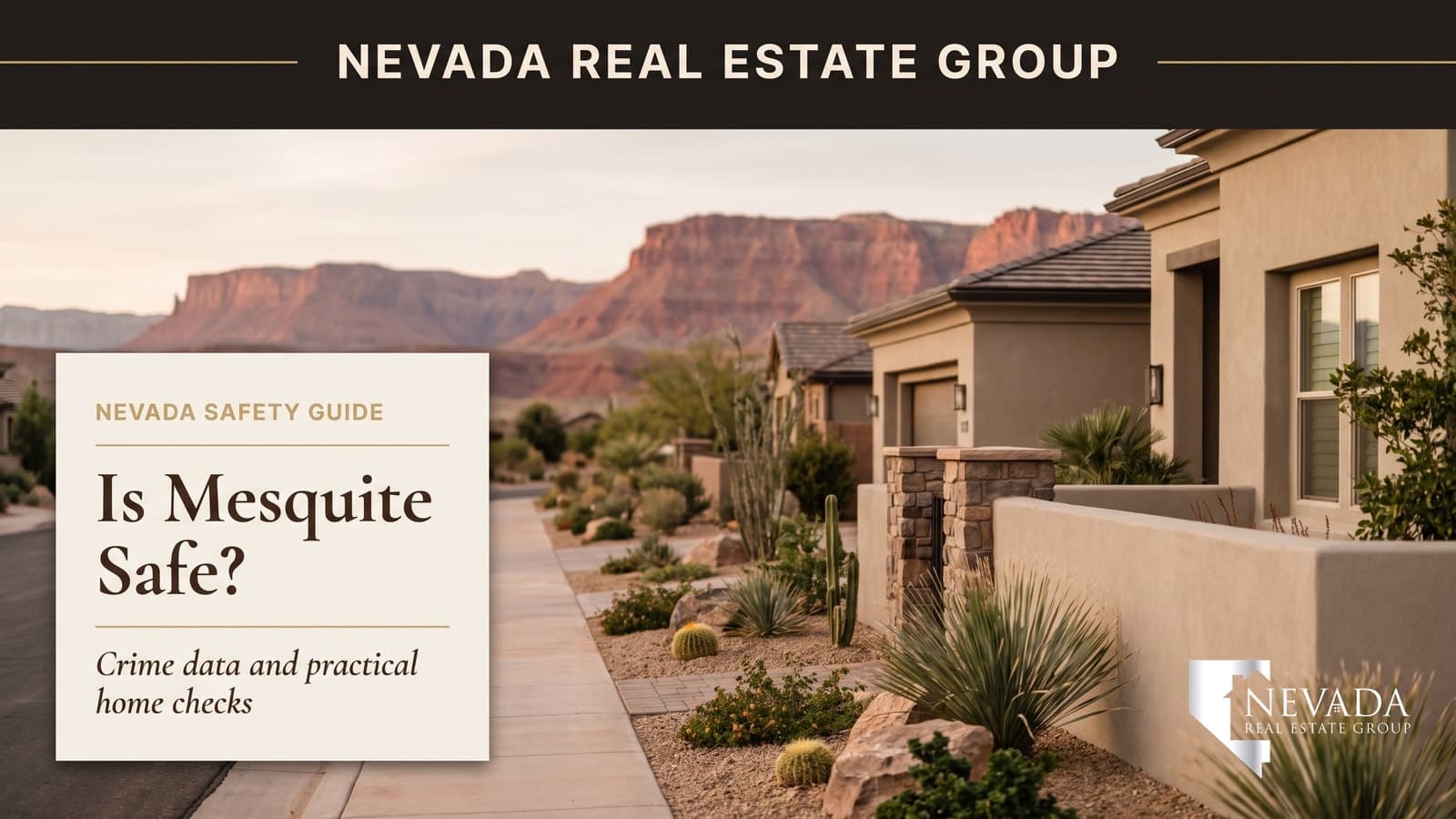 Illustrated Mesquite Nevada home with desert landscaping and distant red mesas