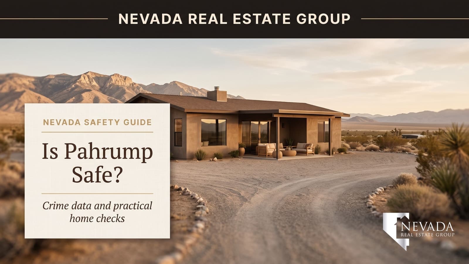 Illustrated Pahrump desert ranch home with a broad driveway and distant mountains