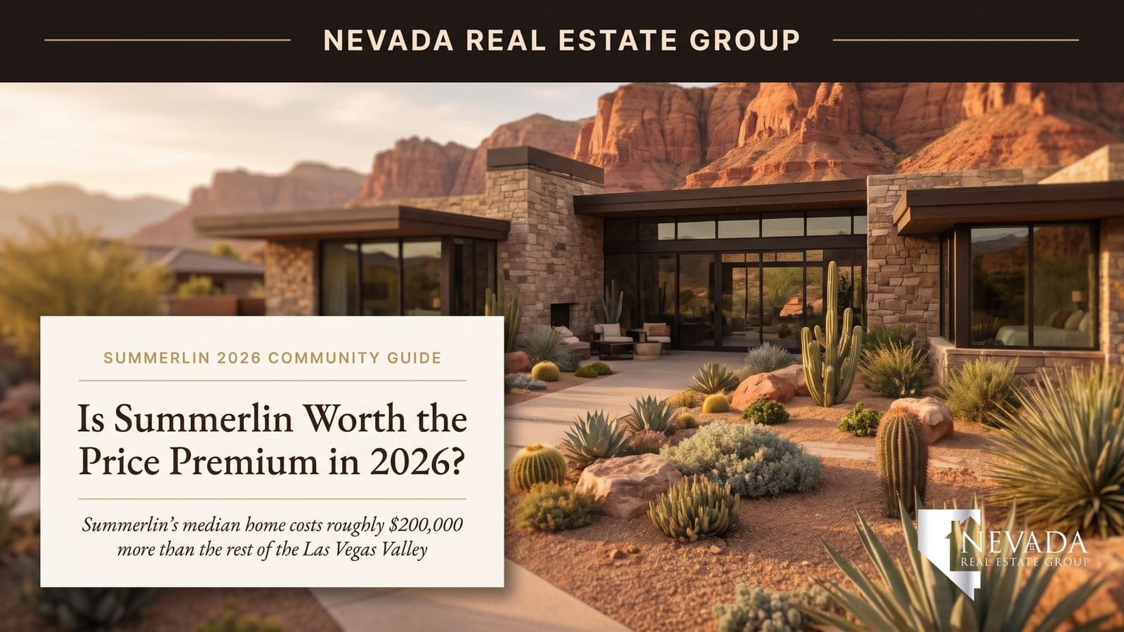 Aerial view of Summerlin Las Vegas master-planned community against Red Rock Canyon at golden hour, illustrating a 2026 analysis of whether the price premium is worth it