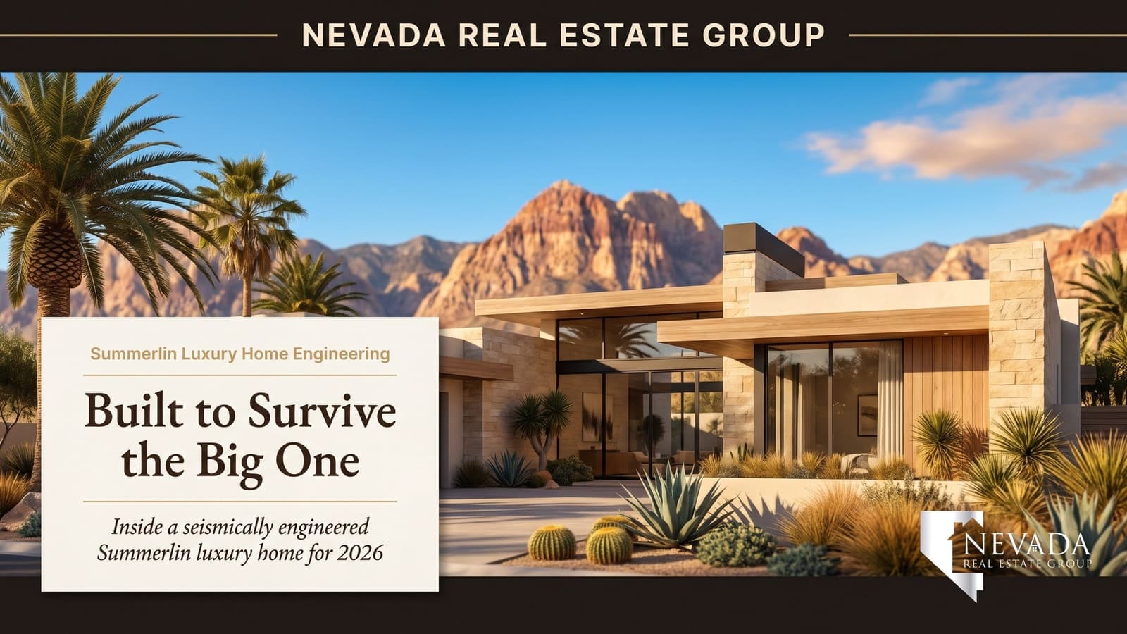 The Juniper model — a modern earthquake-resistant luxury home in Summerlin Las Vegas with Red Rock mountains behind, 2026 seismic construction guide