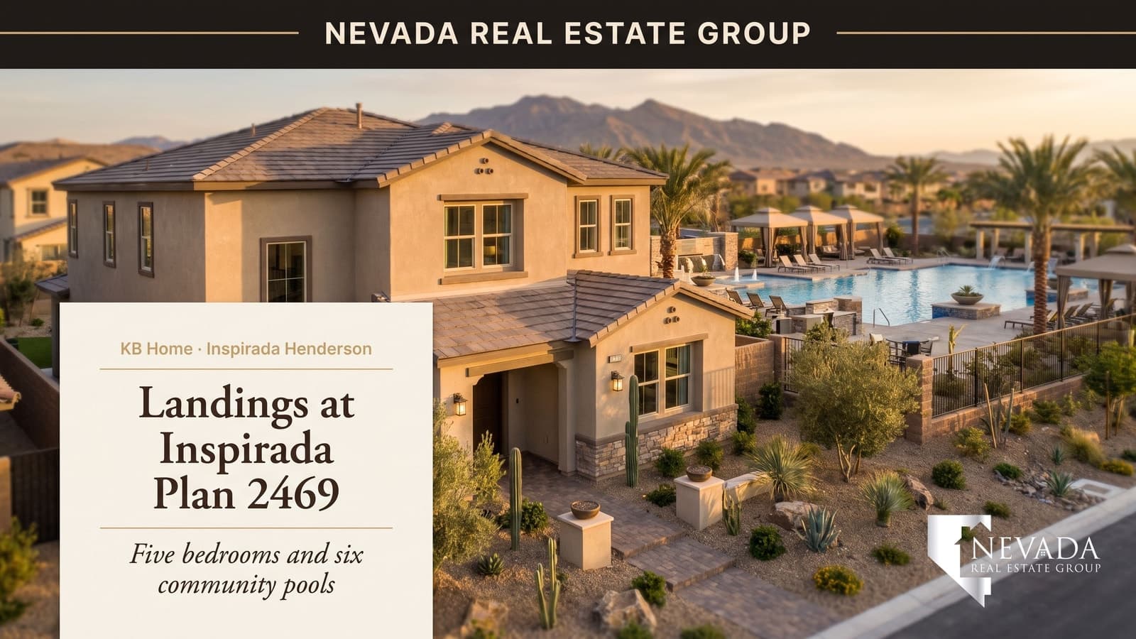 KB Home Plan 2469 — a two-story five-bedroom home at Landings at Inspirada in Henderson with access to the community's six pools, Las Vegas 2026