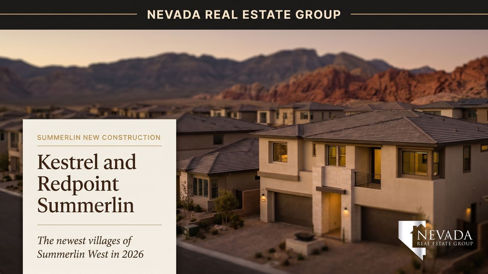 Kestrel and Redpoint villages Summerlin West new construction homes at golden hour with Spring Mountains backdrop and 215 Beltway view corridor