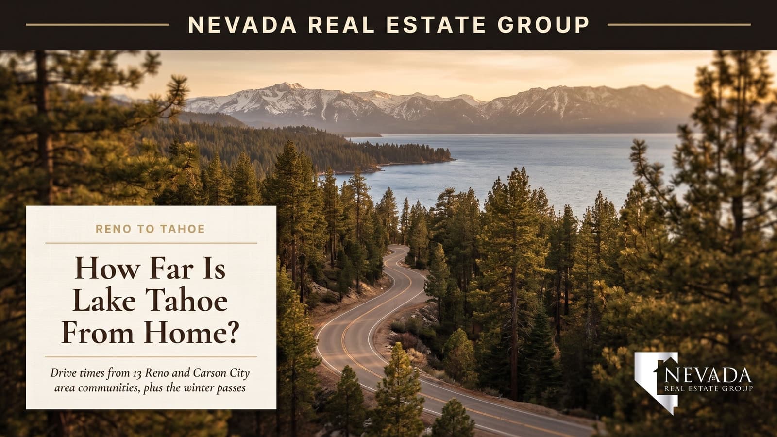 Editorial cover illustration of a winding mountain highway descending through pine forest toward Lake Tahoe below snow-dusted peaks at golden hour