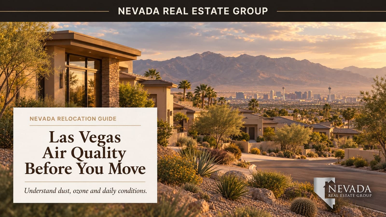Illustrated Las Vegas neighborhood and mountain horizon with an ivory air-quality guide title card