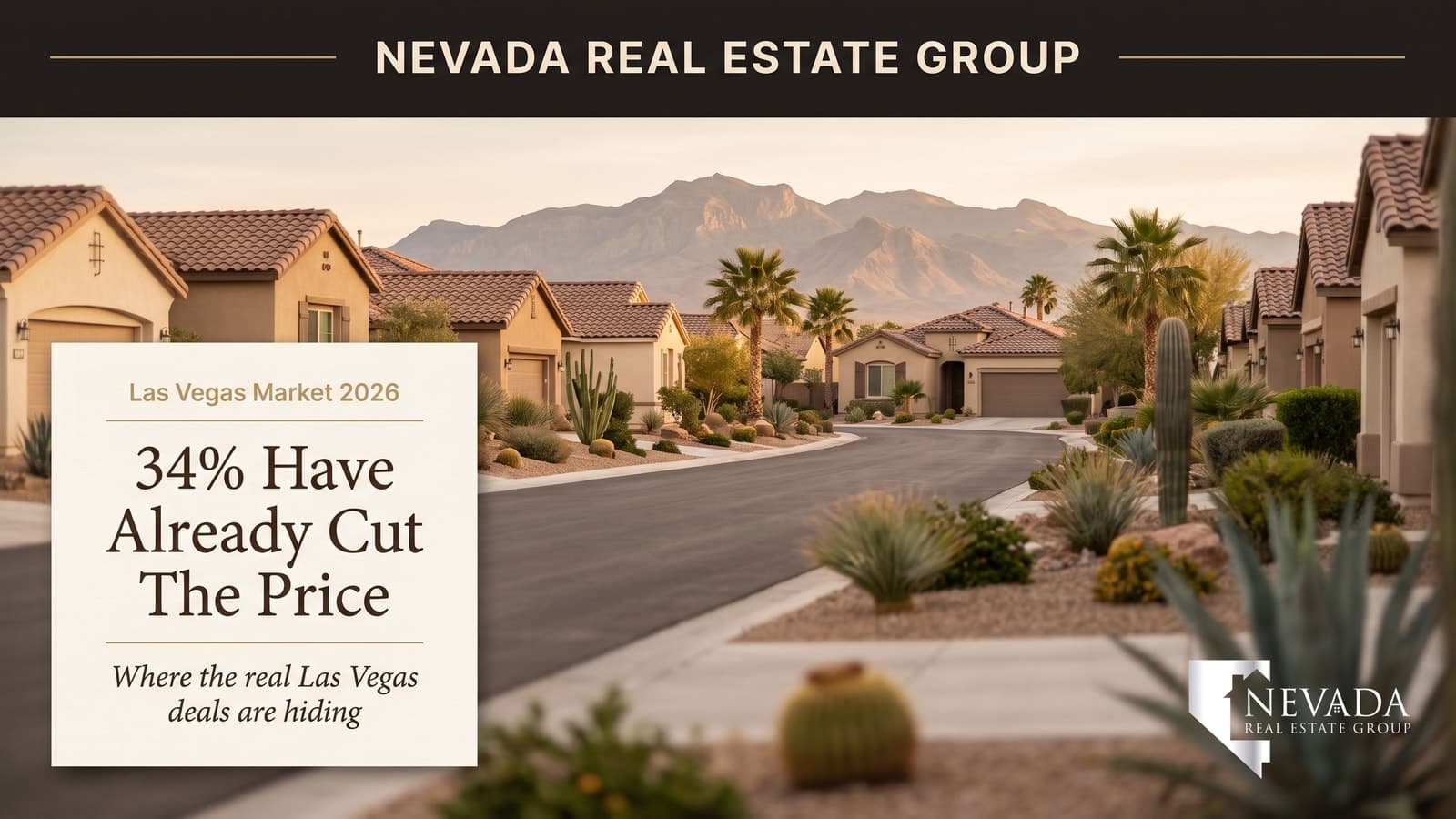 Golden-hour view down a Las Vegas suburban street with for-sale signs and desert landscaping