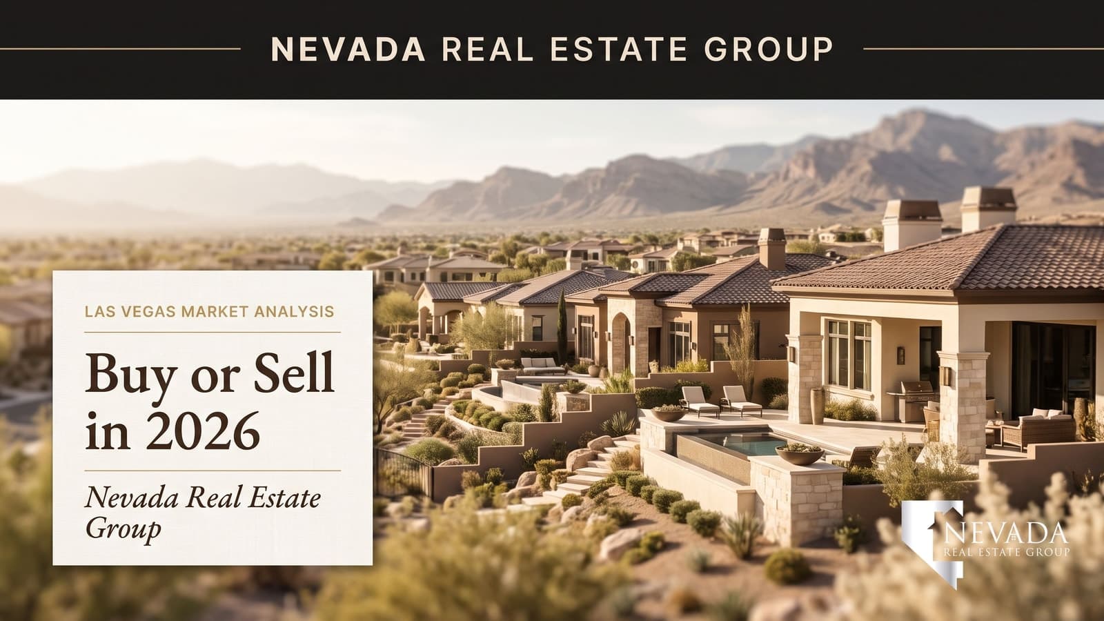 Aerial view of a Las Vegas valley neighborhood with the Strip skyline in the distance at dusk
