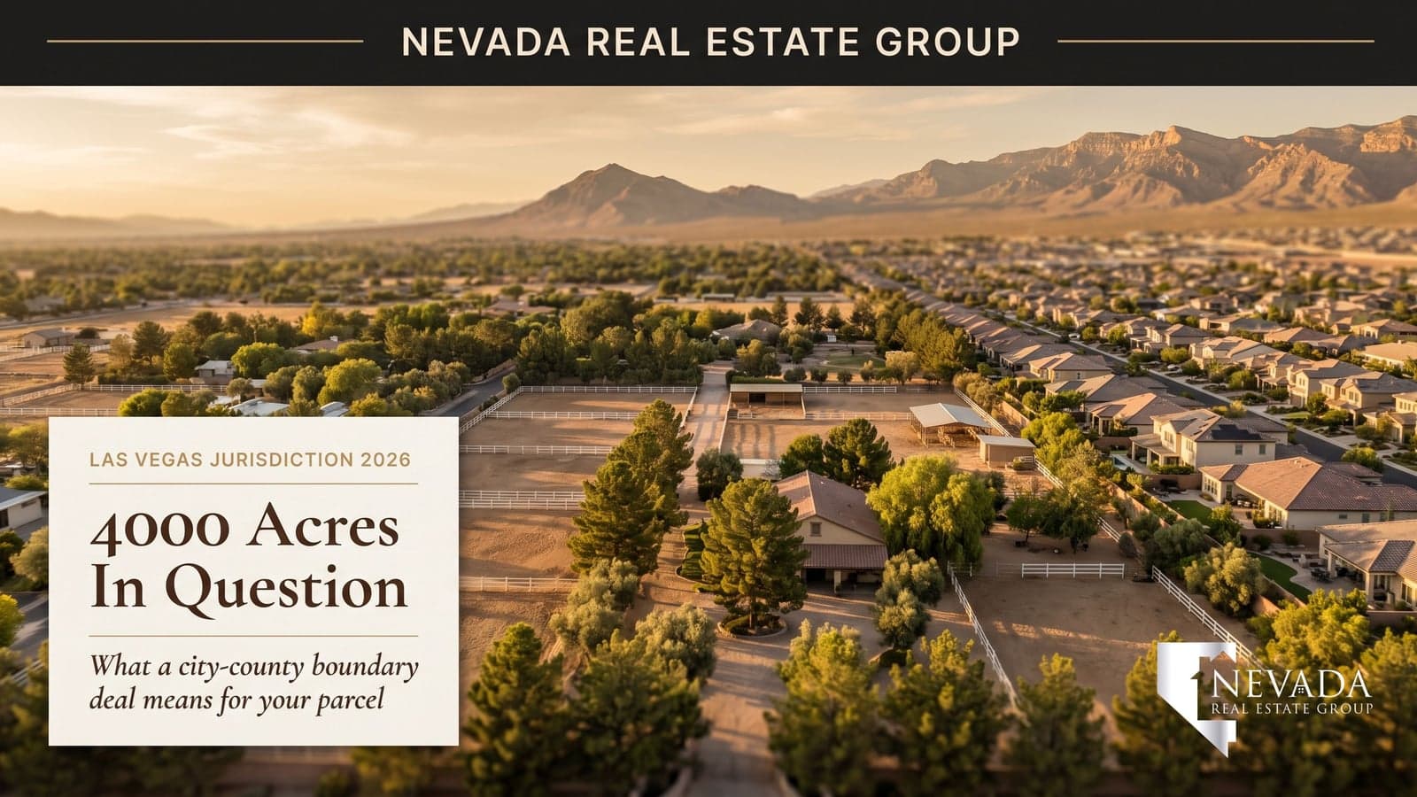 Aerial view of northwest Las Vegas rural preservation parcels with white fencing and horse corrals meeting a denser modern subdivision, illustrating Clark County islands inside city boundaries