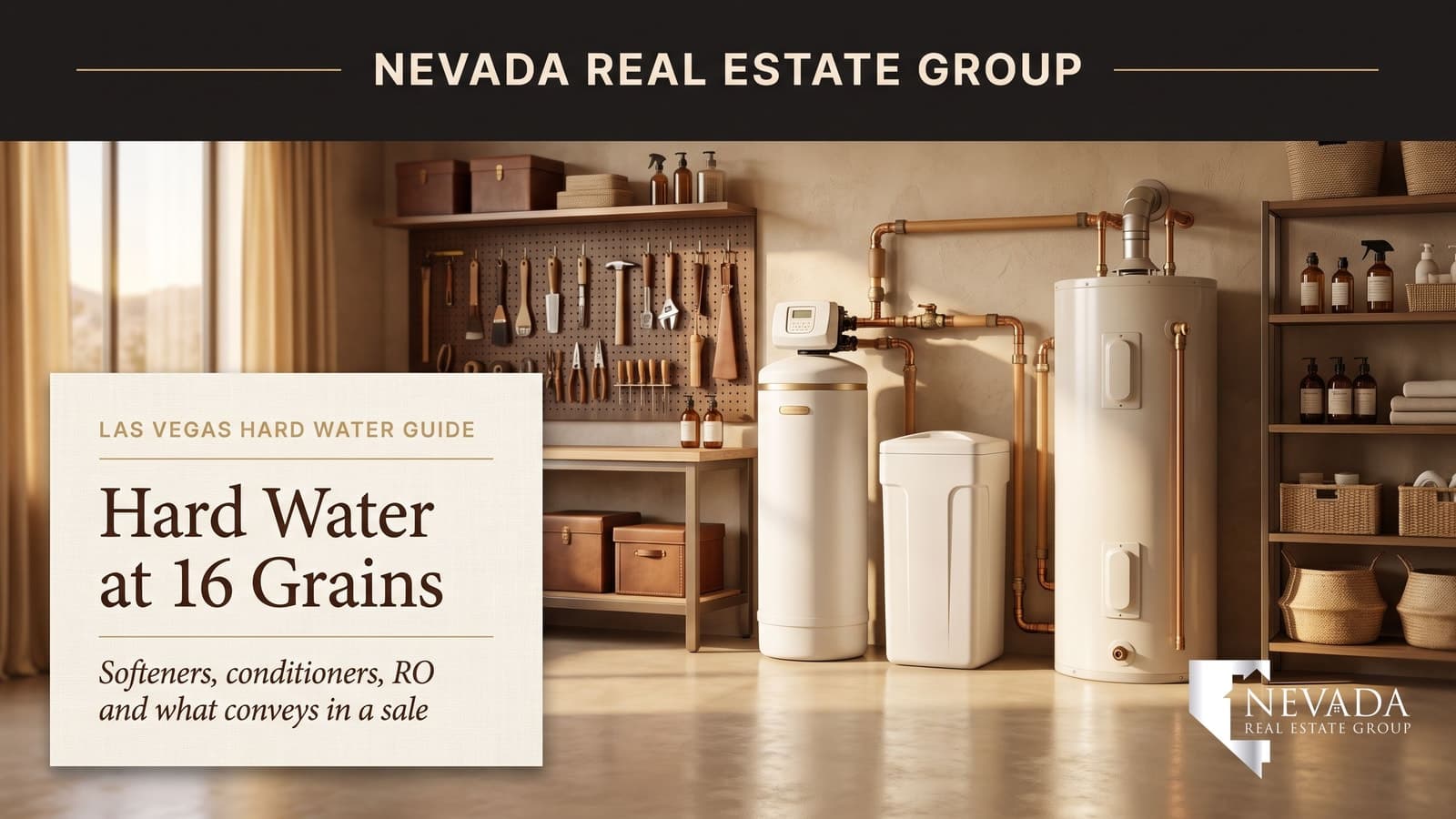 Las Vegas hard water guide cover: a water softener resin tank and brine tank plumbed beside a tank water heater in a home garage