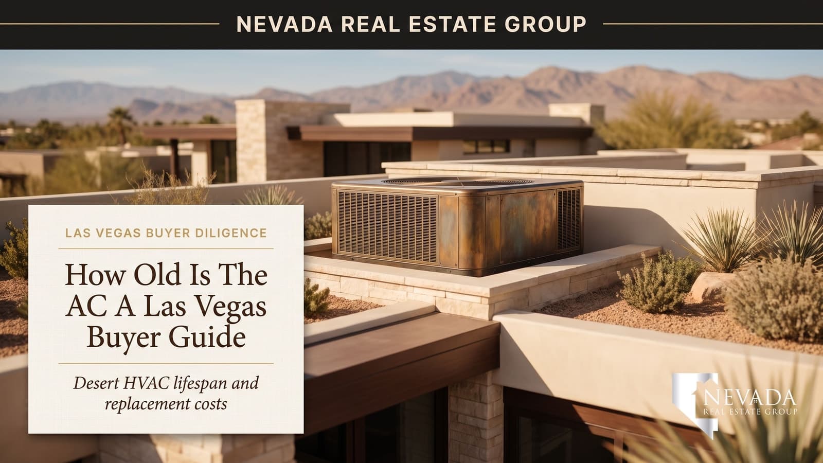 Rooftop and side-yard air conditioning condensers on a Las Vegas desert home under intense summer sun in 2026