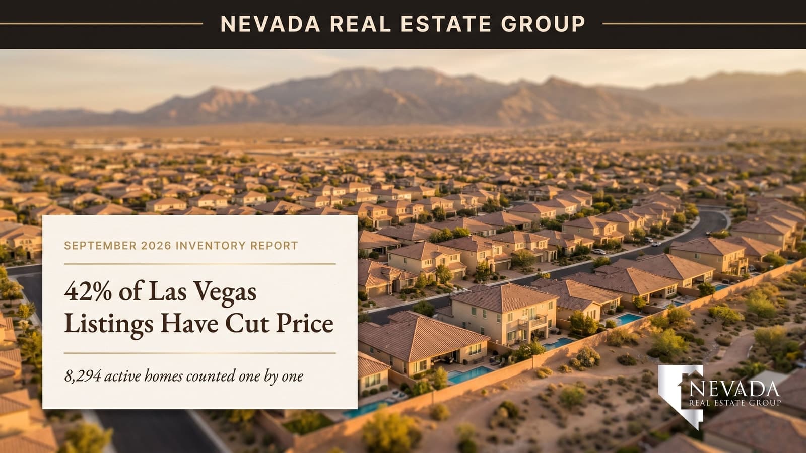 Aerial view of Las Vegas valley neighborhoods at golden hour with the Spring Mountains behind, illustrating the September 2026 housing inventory report
