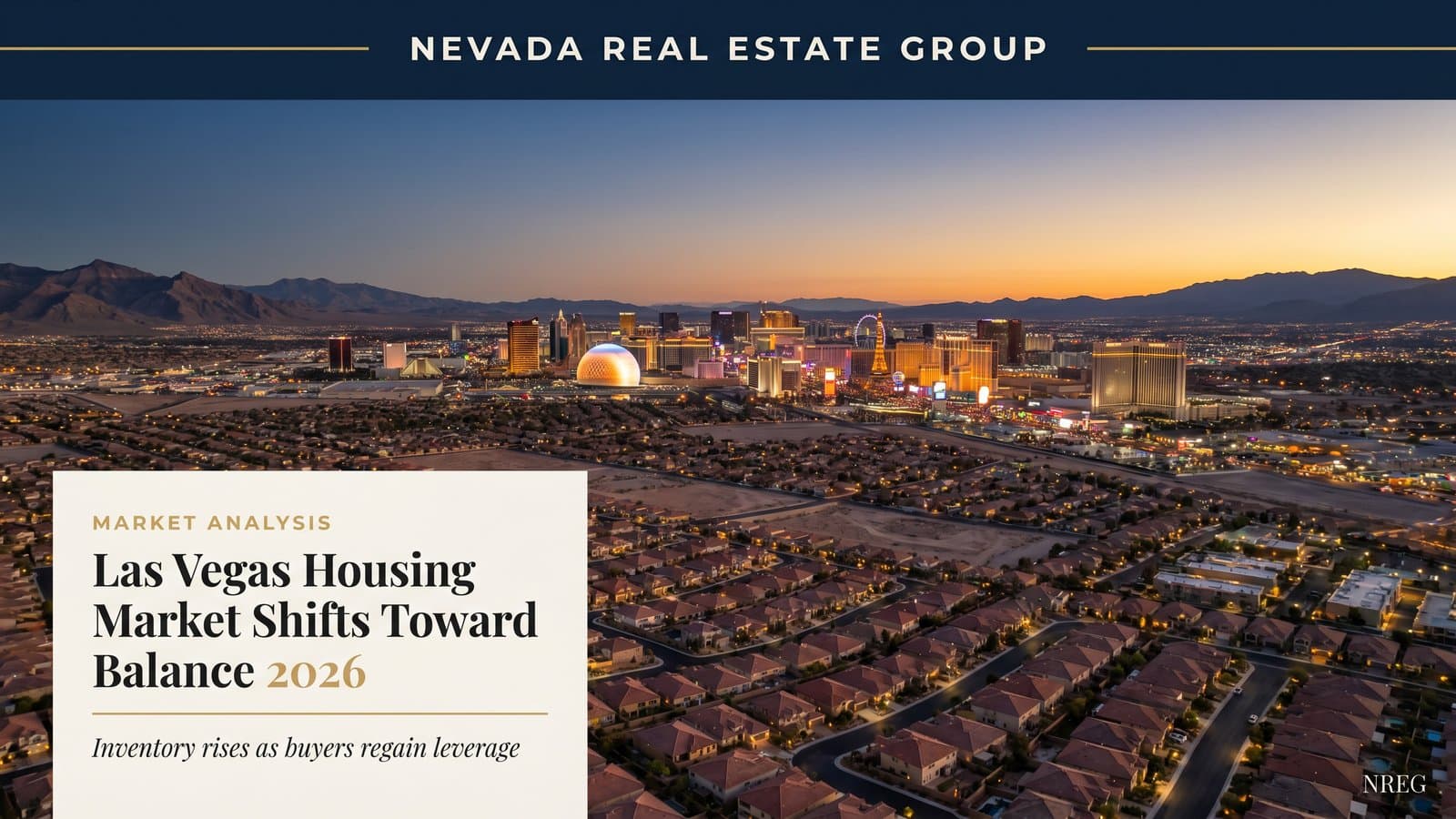 Aerial view of Las Vegas residential neighborhoods at sunset — Nevada 2025 real estate year-in-review