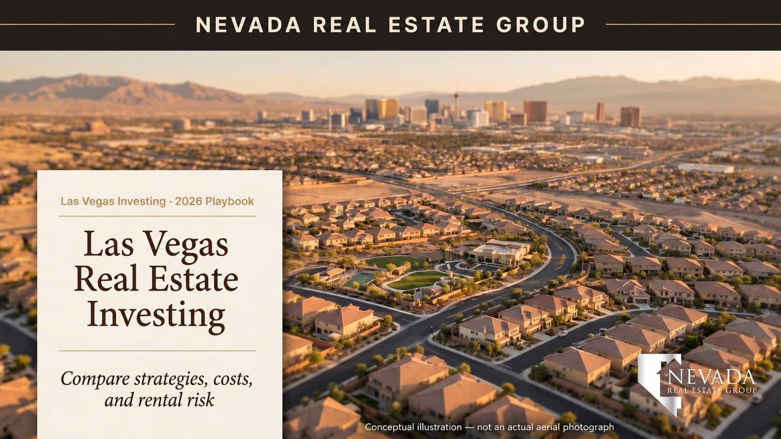 Conceptual Las Vegas housing illustration with an investment-strategy title card, explicitly labeled as not an actual aerial photograph