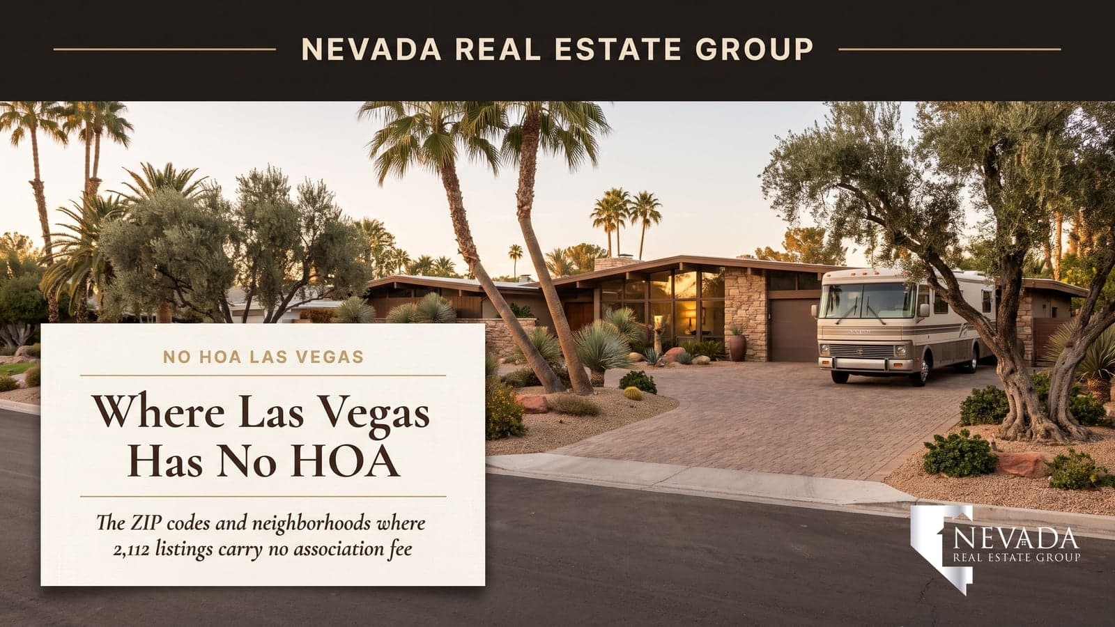 Mid-century ranch home on a wide older Las Vegas street with mature trees and an RV beside the garage, illustrating Las Vegas neighborhoods with no HOA in 2026