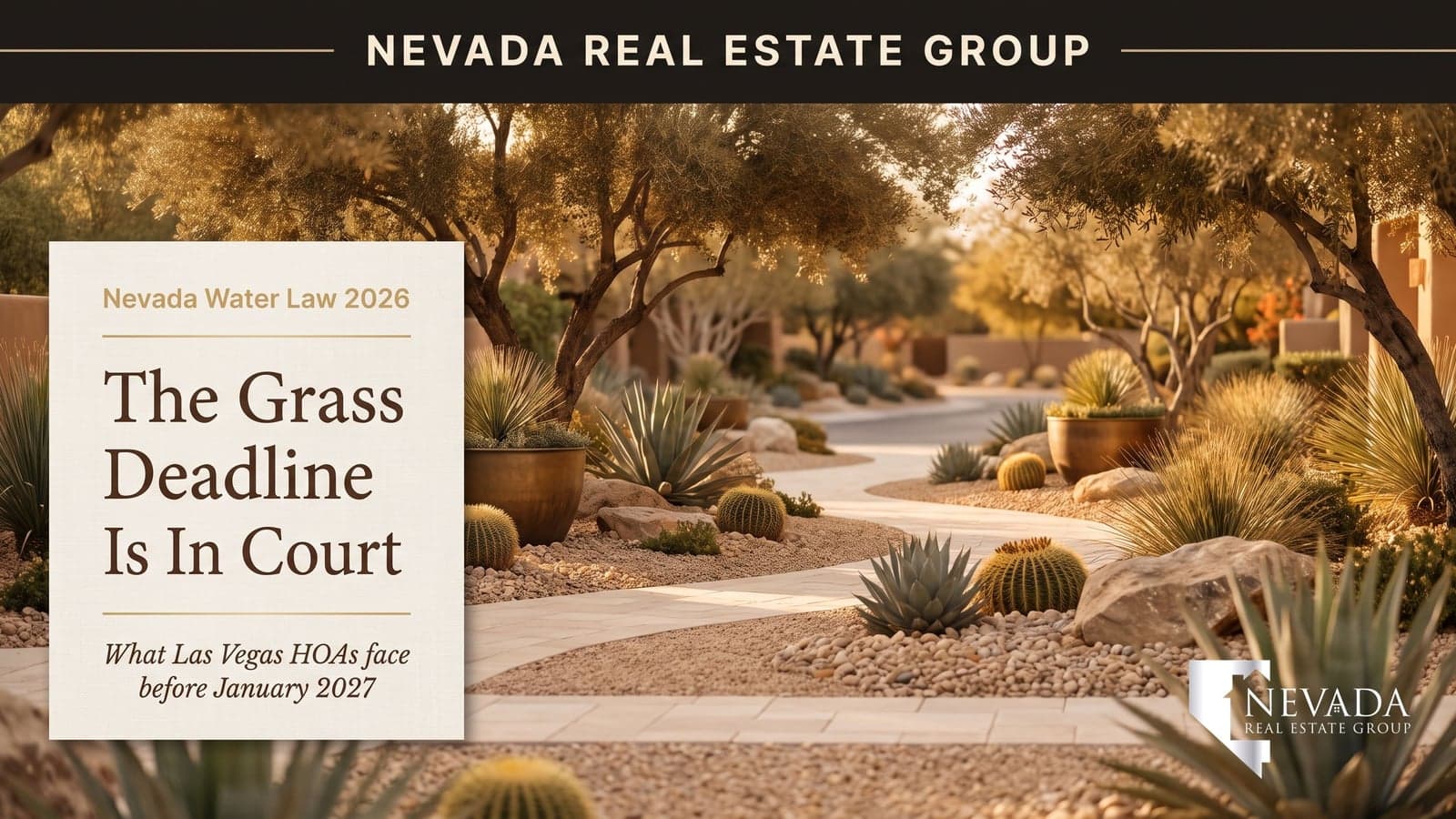 Las Vegas HOA common-area streetscape converted to desert xeriscape with mature shade trees at golden hour