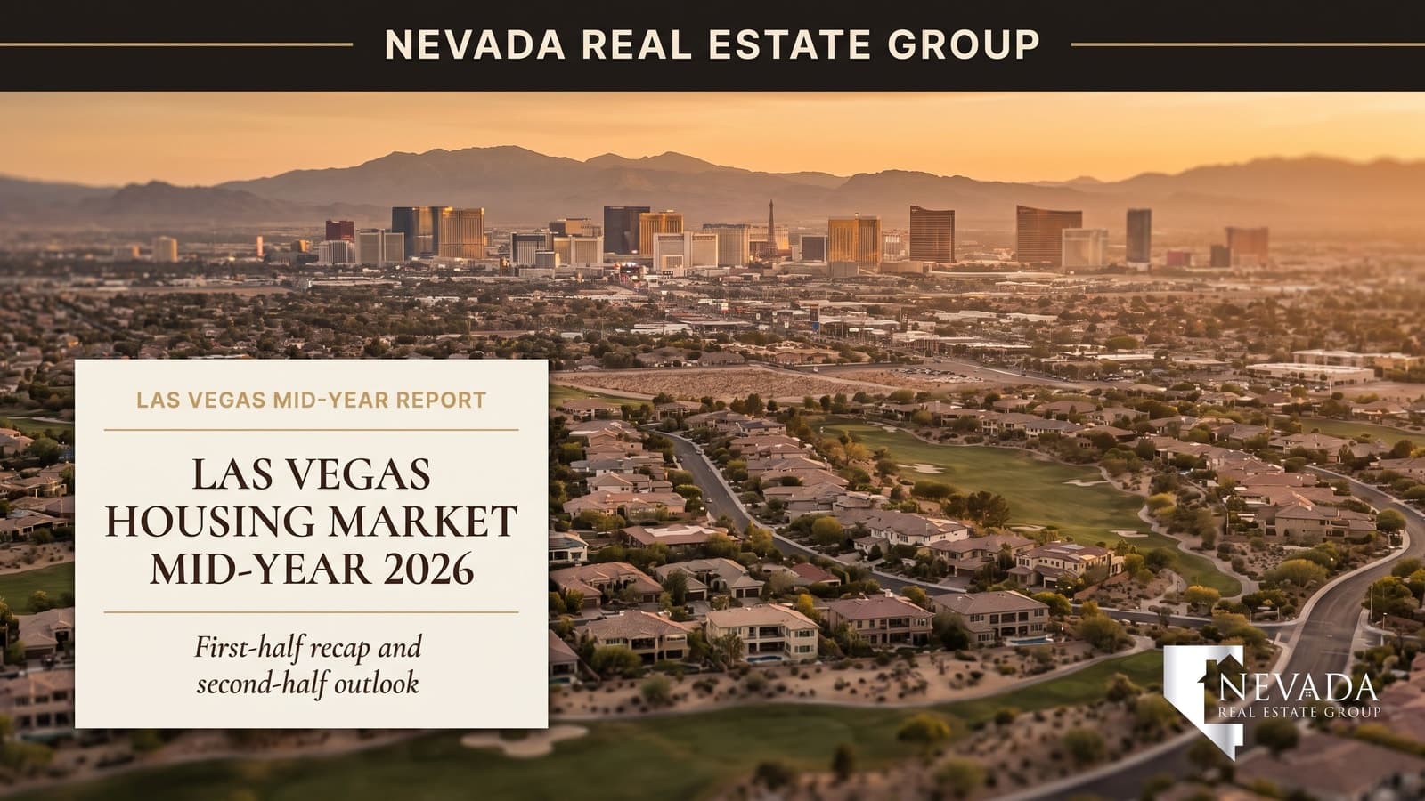 Aerial view of the Las Vegas valley residential neighborhoods and Strip skyline at golden twilight with the Spring Mountains behind
