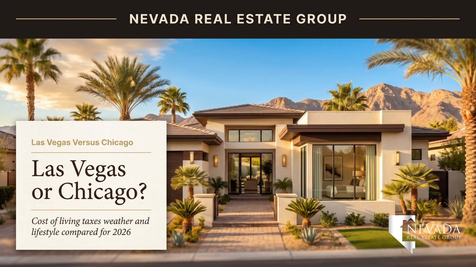 Bright sunny Las Vegas neighborhood with palm trees and desert mountains — Las Vegas vs Chicago cost of living and lifestyle comparison 2026