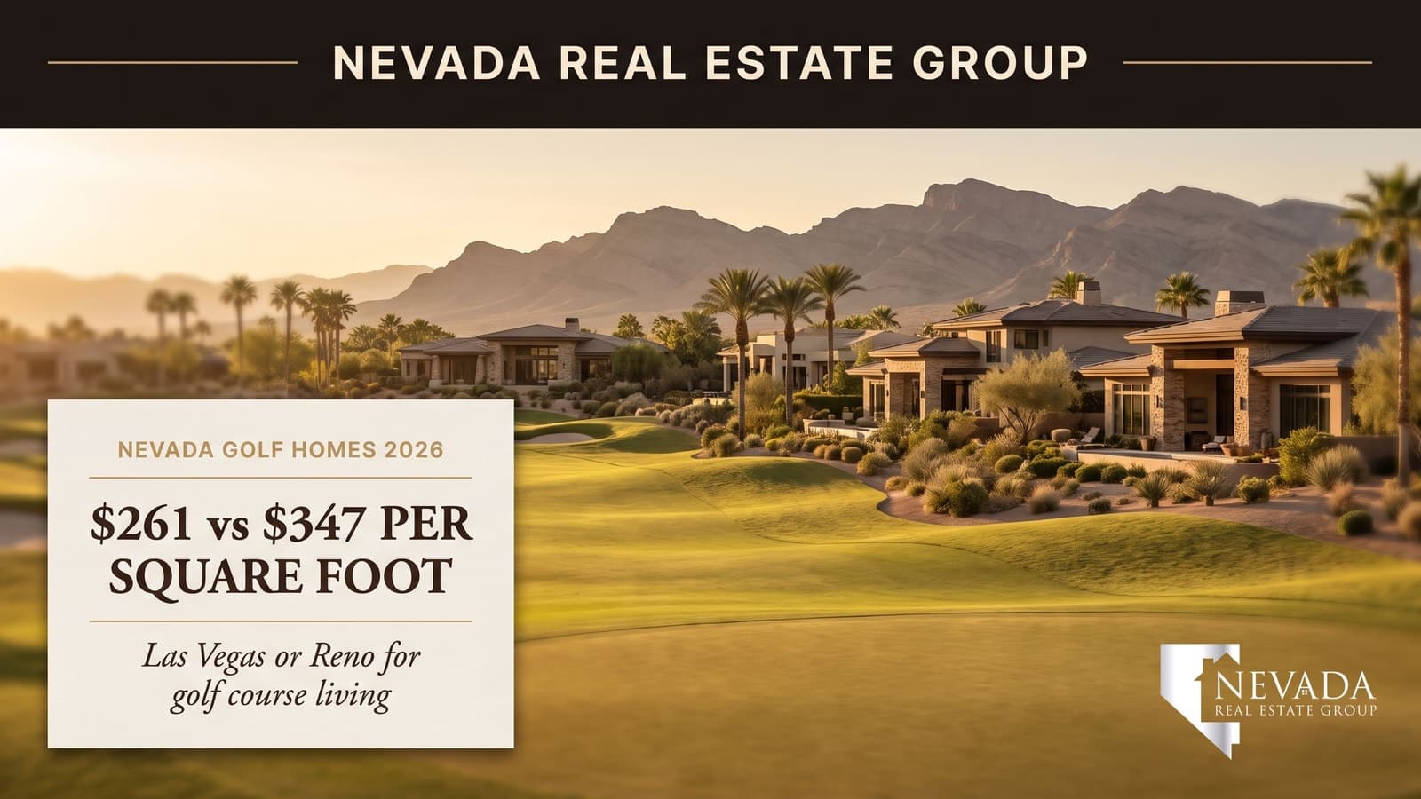 Golden-hour desert golf course fairway lined with luxury homes and a mountain ridgeline behind