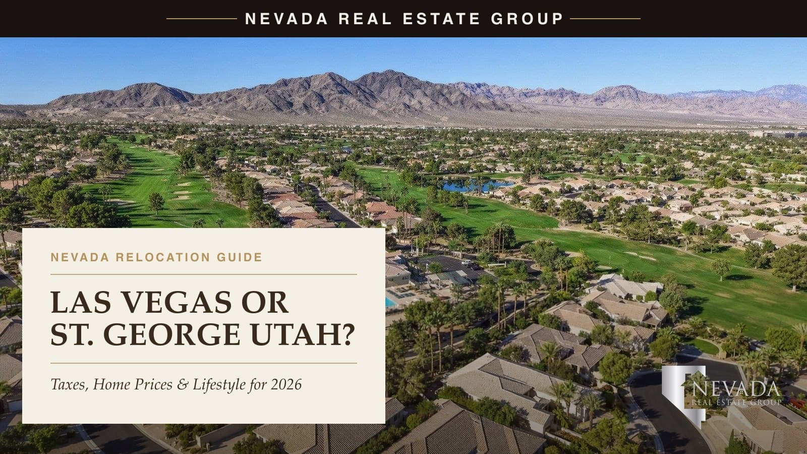 A warm golden-hour desert valley with suburban homes, palm trees, and red-rock mountains — Las Vegas vs St. George, Utah relocation guidance from Nevada Real Estate Group