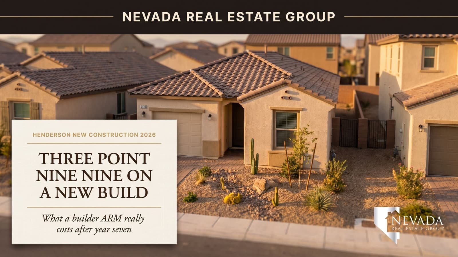 Single-story new construction home exterior at Carlton in Cadence, Henderson Nevada, at golden hour