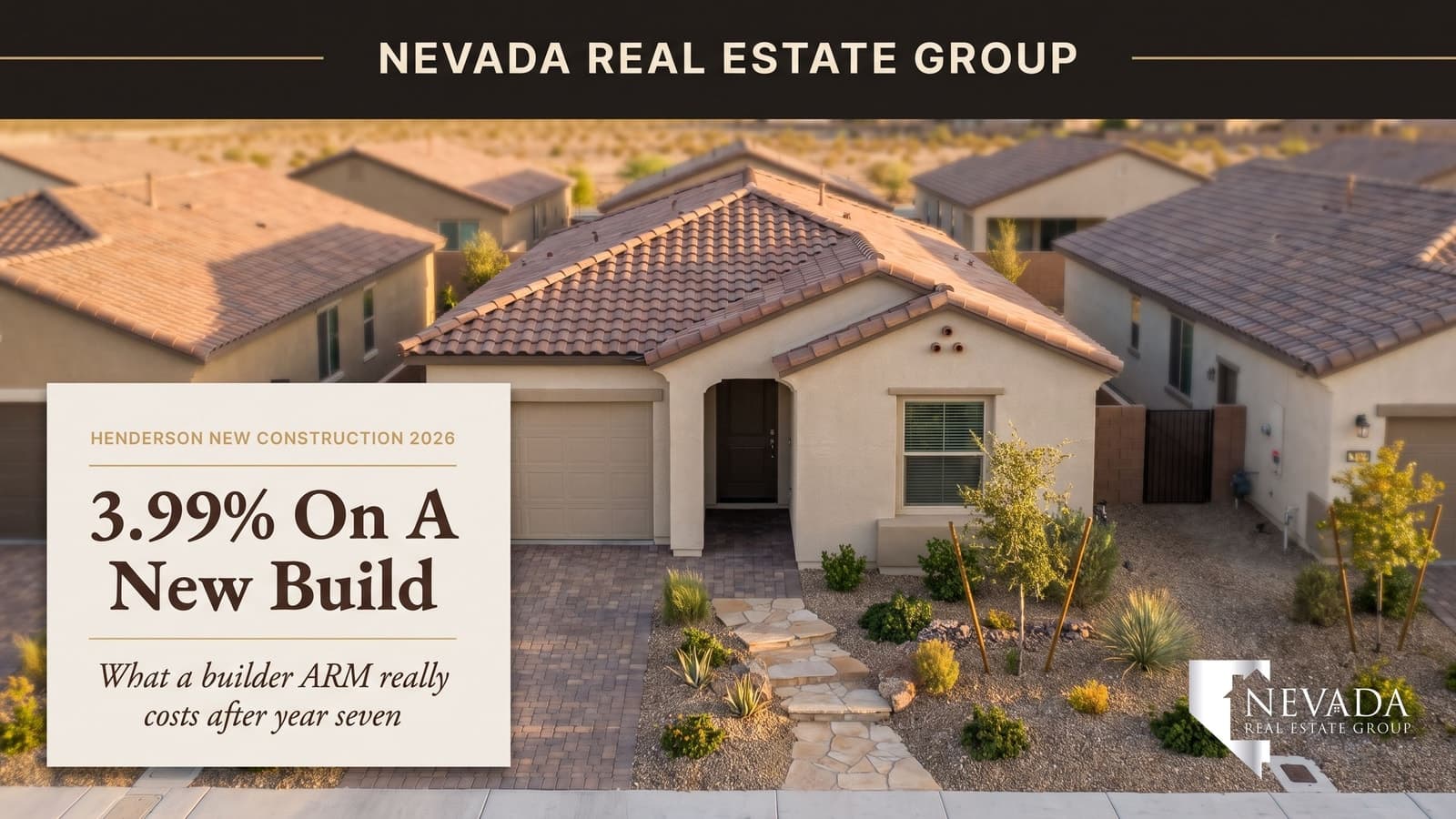 Single-story new construction home exterior at Carlton in Cadence, Henderson Nevada, at golden hour