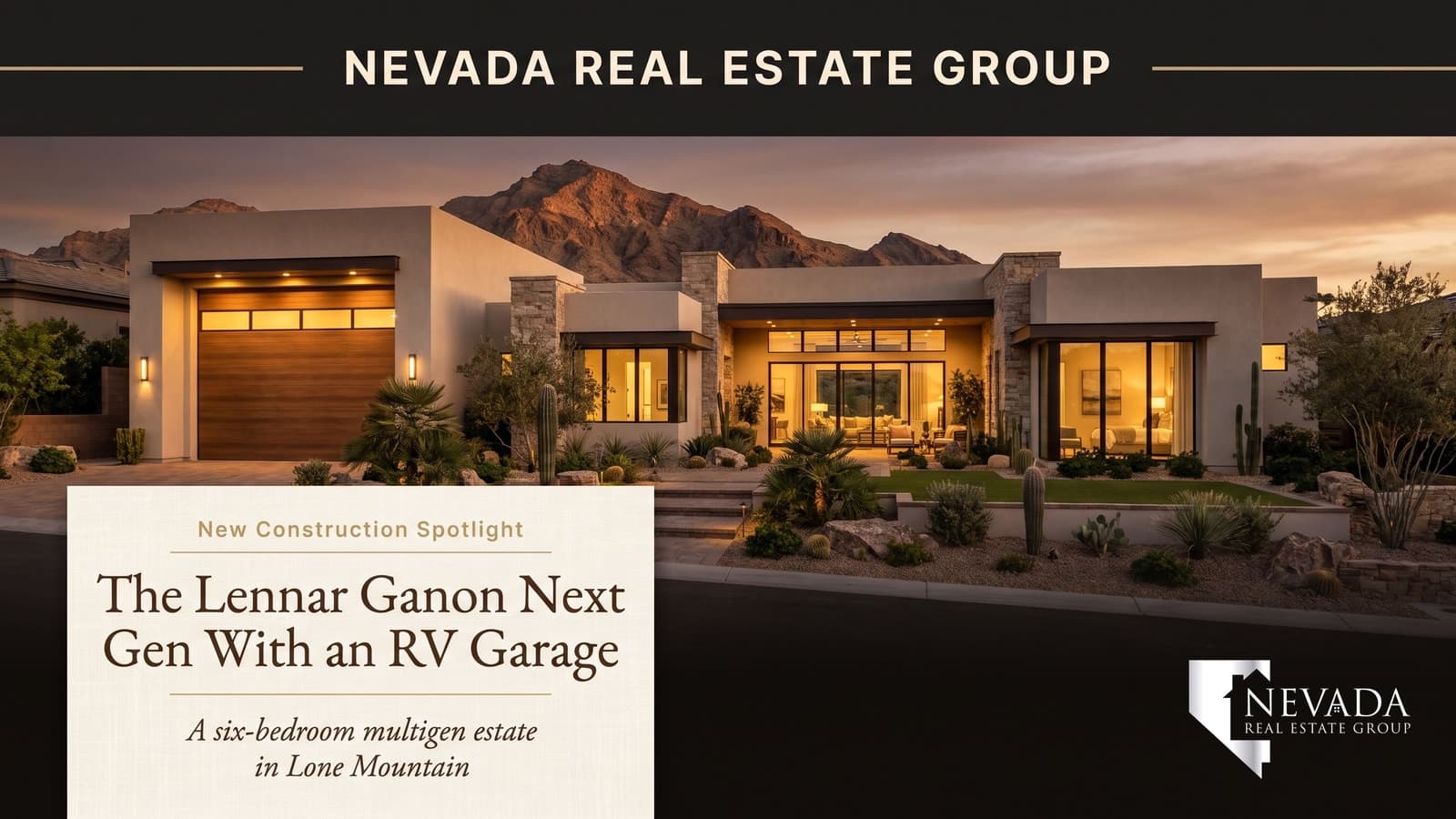 Single-story Lennar Ganon Next Gen estate with an oversized RV garage bay at The Estates in Lone Mountain, northwest Las Vegas — 2026 new construction