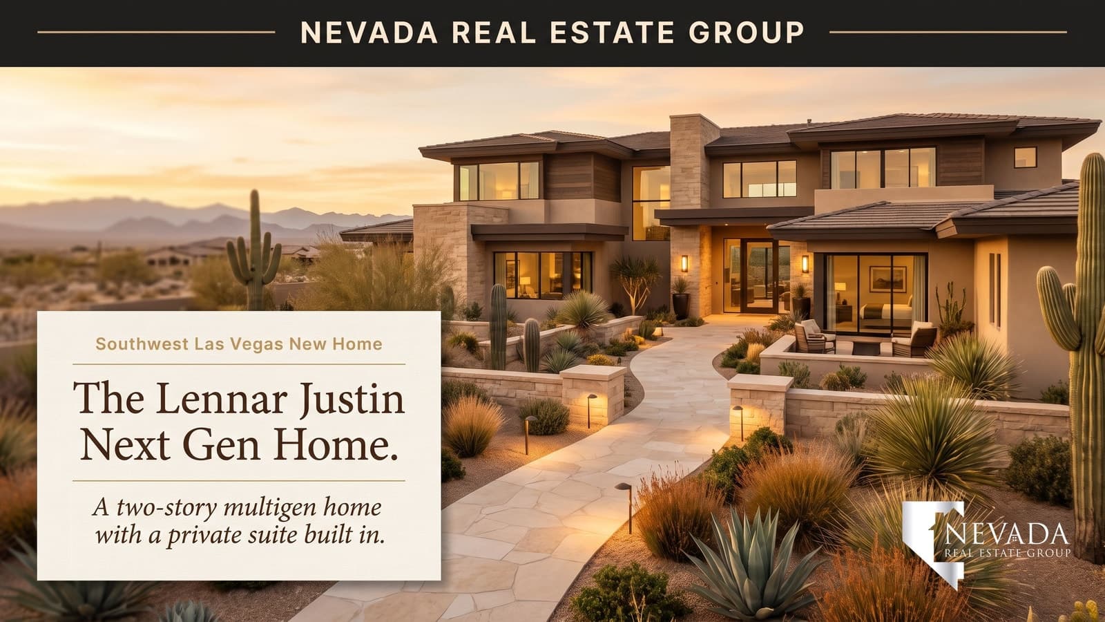 The Lennar Justin Next Gen — a two-story multigenerational home at The Henry in southwest Las Vegas with a private in-law suite, 2026 new construction