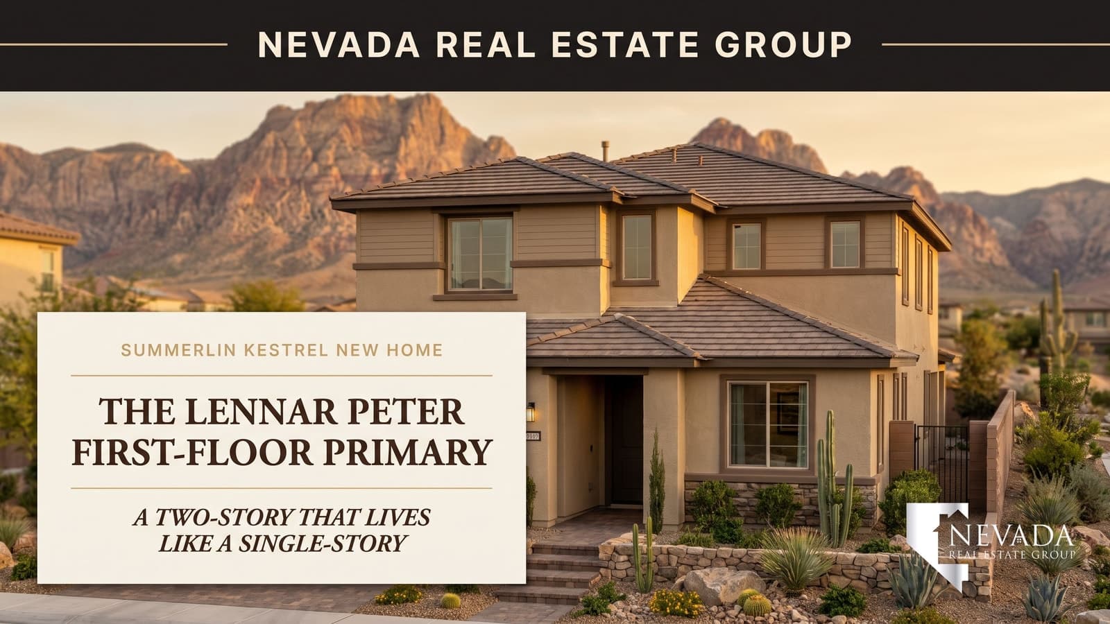The Lennar Peter model — a two-story Summerlin home with a first-floor primary owner's suite at Mockingbird in Kestrel village, Las Vegas 2026
