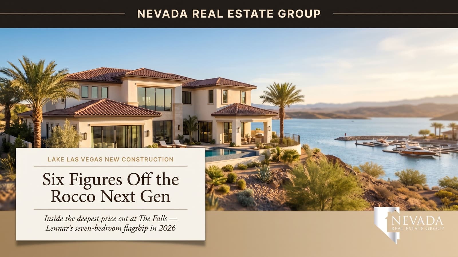 Two-story Lennar Rocco Next Gen multigenerational home at The Falls in Lake Las Vegas, Henderson 89011, after a six-figure builder price cut — 2026 new construction