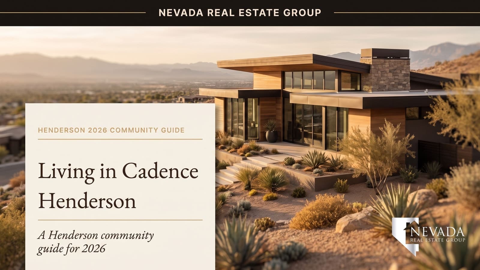 Cadence Henderson master plan aerial at golden hour with Central Park resort pool and modern homes