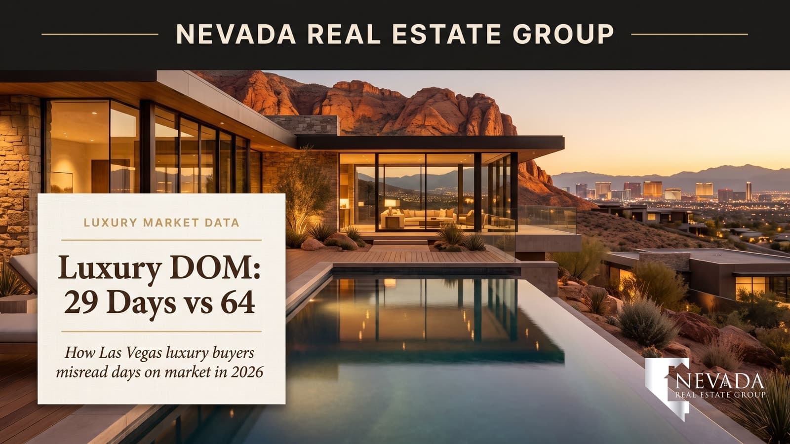 Las Vegas luxury estate at twilight with the Strip skyline behind it, illustrating days on market for Las Vegas luxury homes in 2026