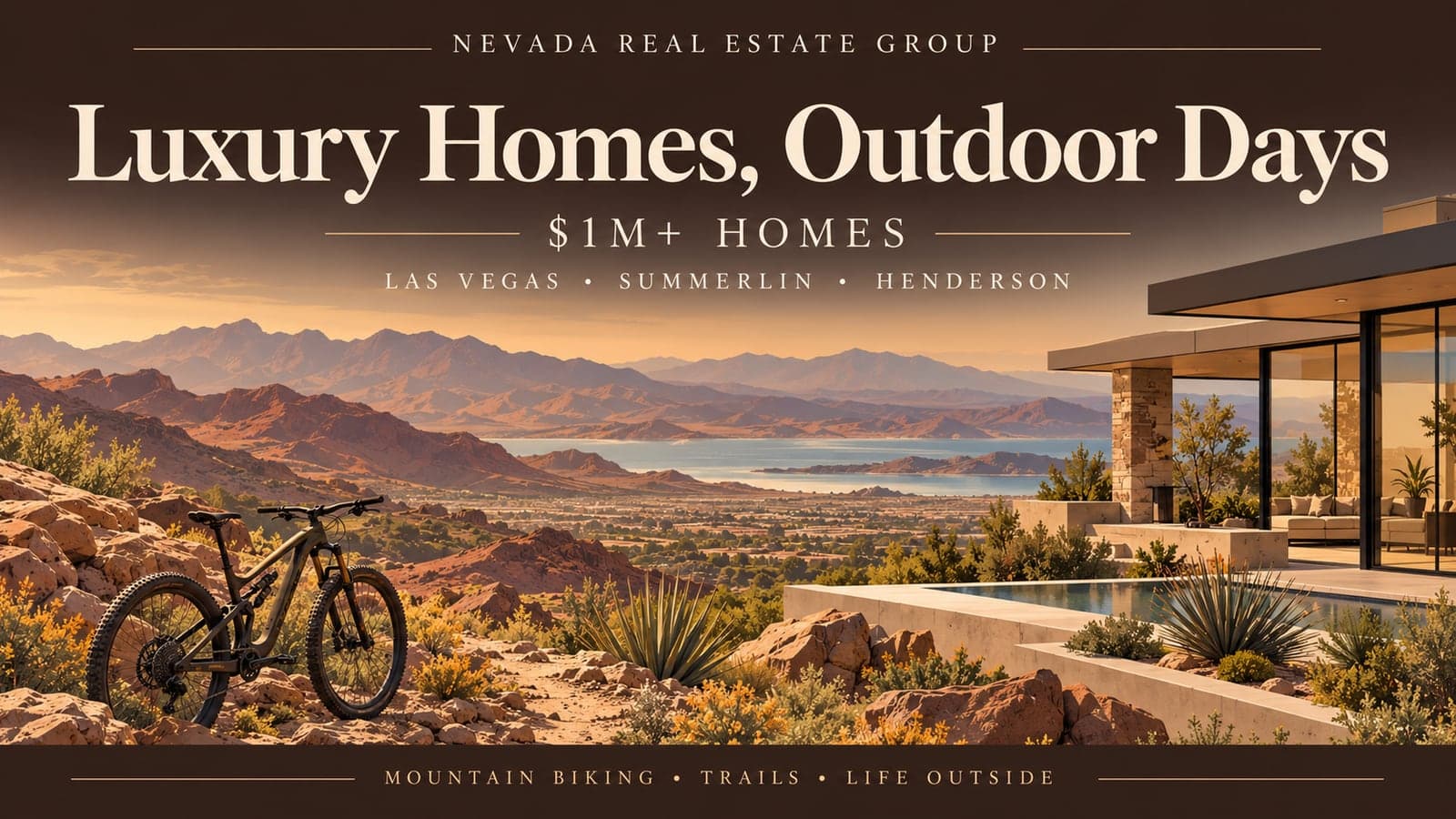 Editorial illustration of a desert luxury home, mountain bicycle and imagined Southern Nevada mountain and lake landscape