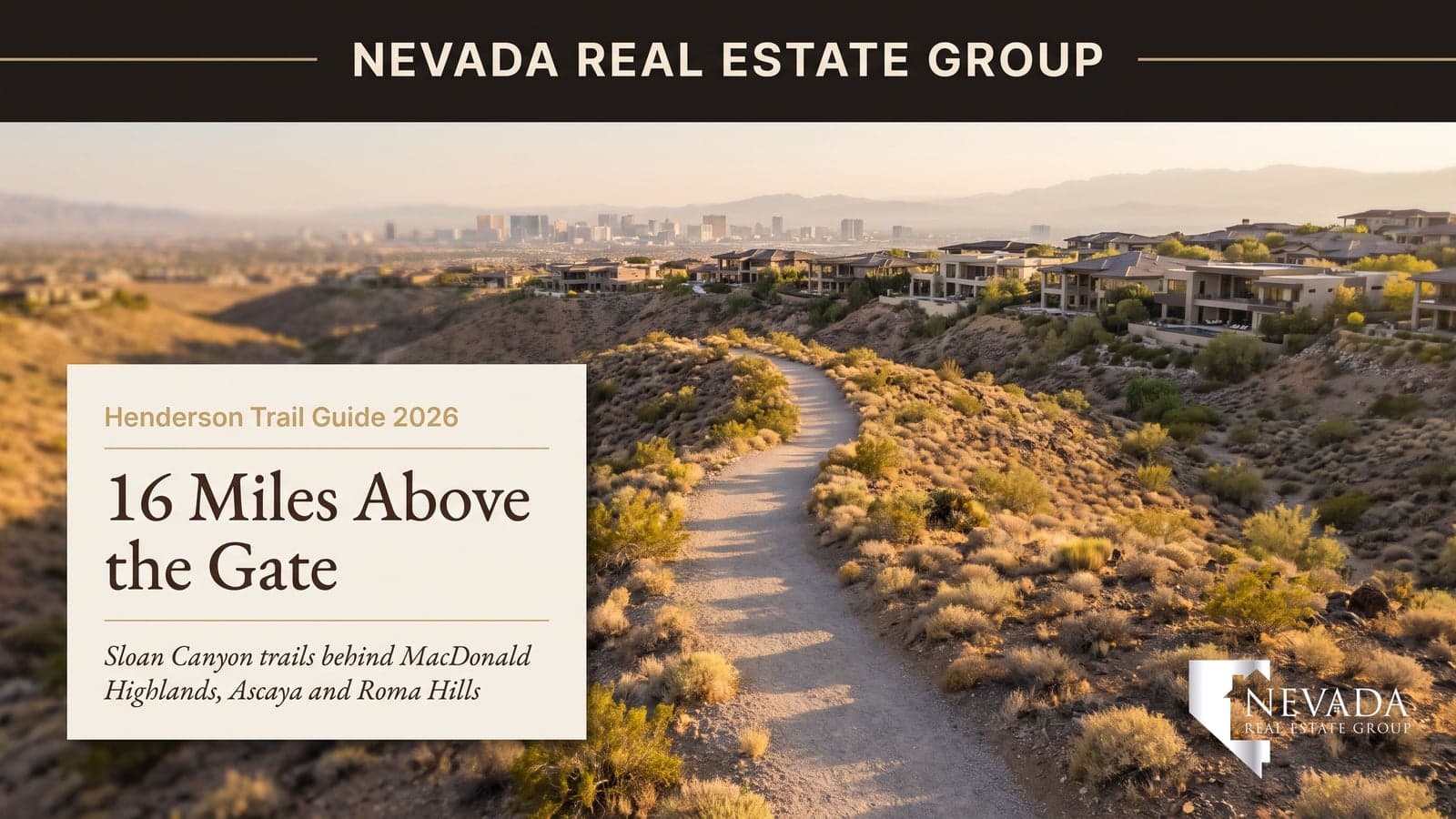 Gravel hiking trail through the McCullough Range foothills of Sloan Canyon National Conservation Area above MacDonald Highlands and Ascaya in Henderson Nevada