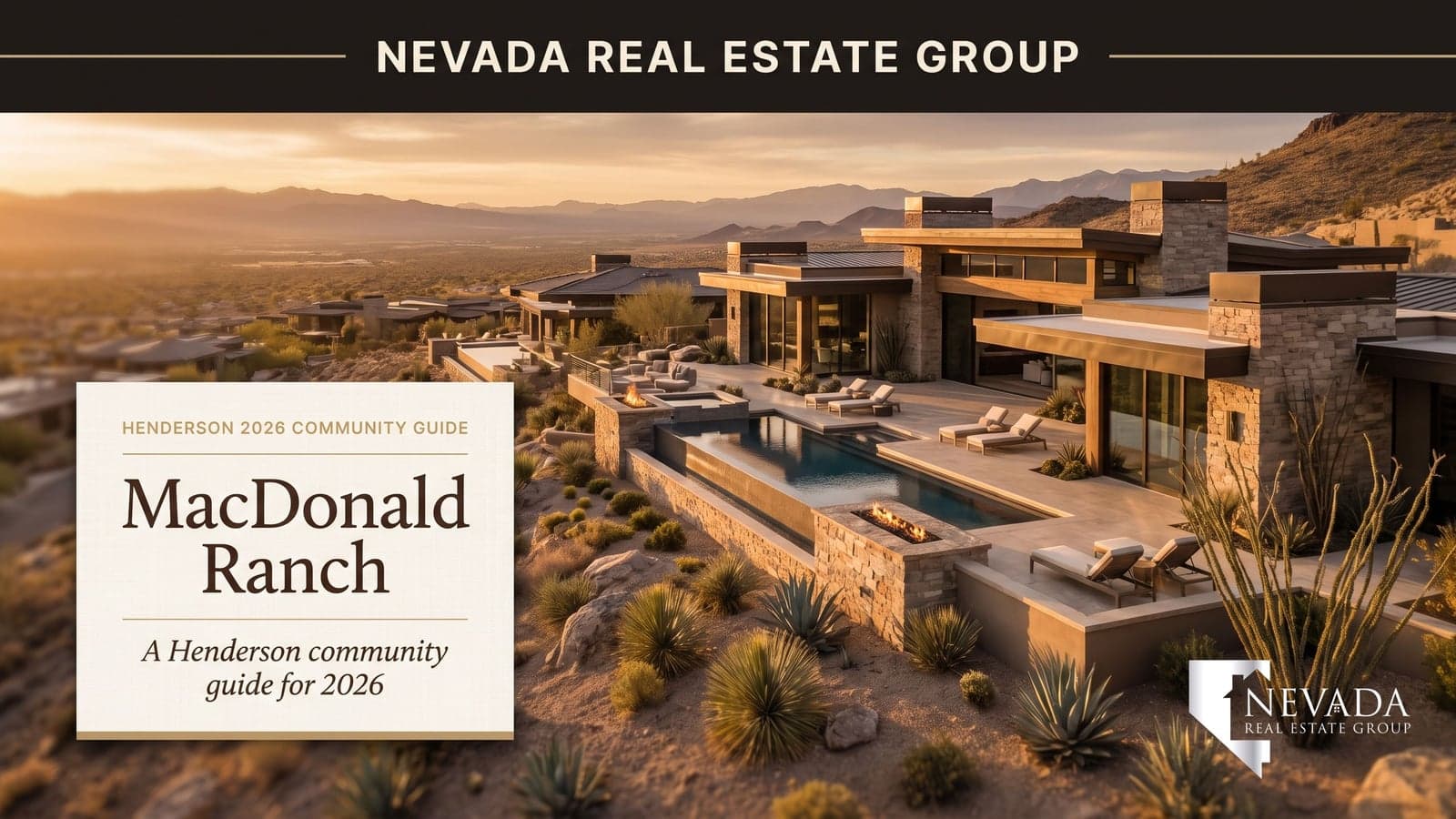 MacDonald Ranch Henderson Nevada master plan aerial view at sunset with golf course and McCullough foothills