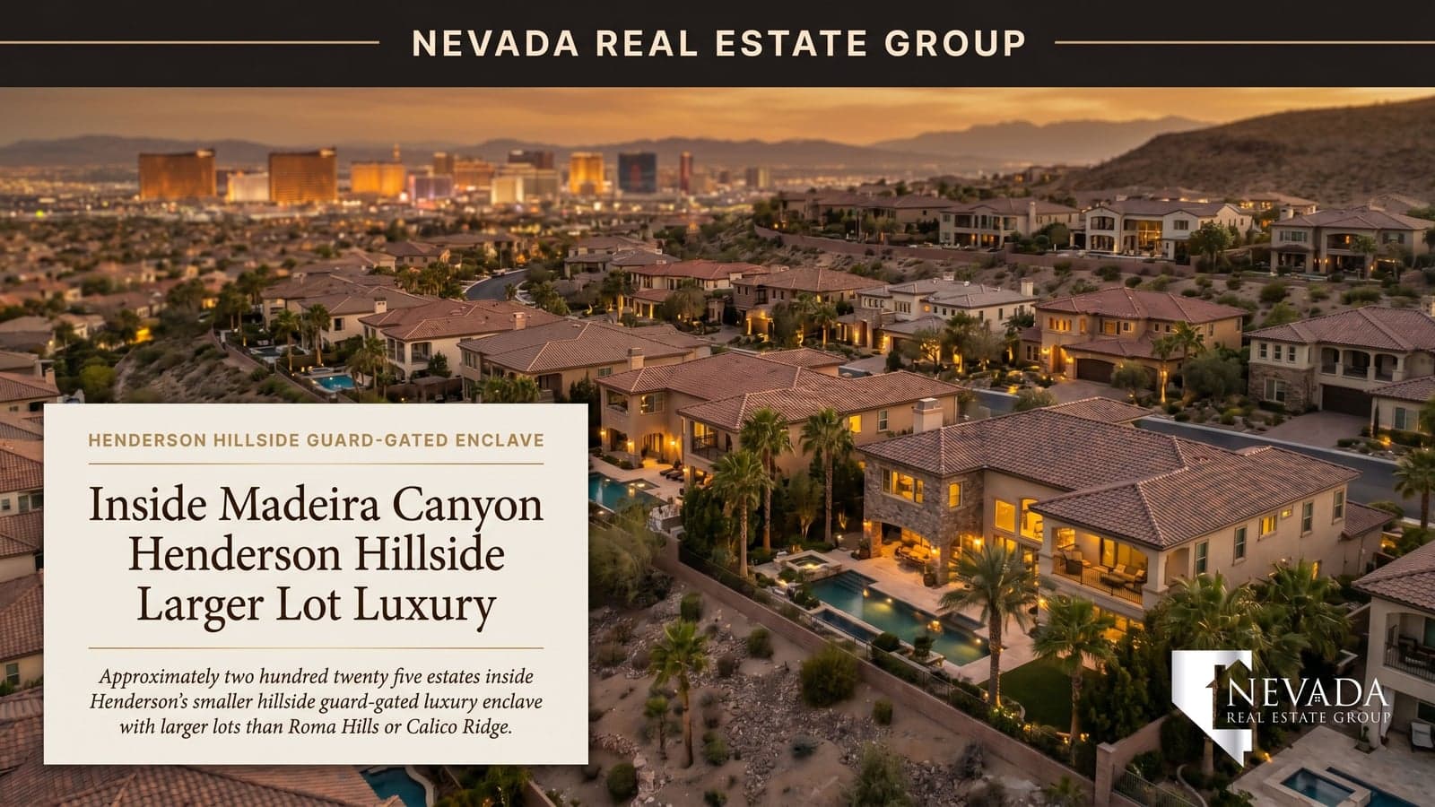 Madeira Canyon Henderson hillside guard-gated luxury estate with Strip view at twilight