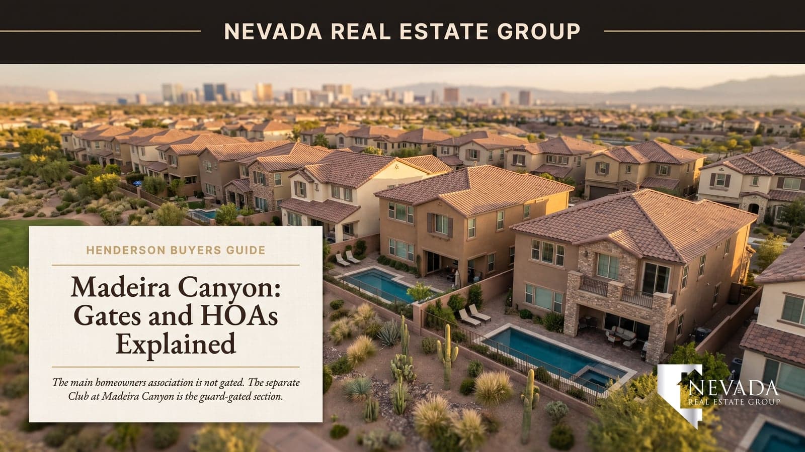 Madeira Canyon Henderson buyer’s guide cover: two-story tile-roof homes with backyard pools and desert landscaping, the Las Vegas skyline in the distance