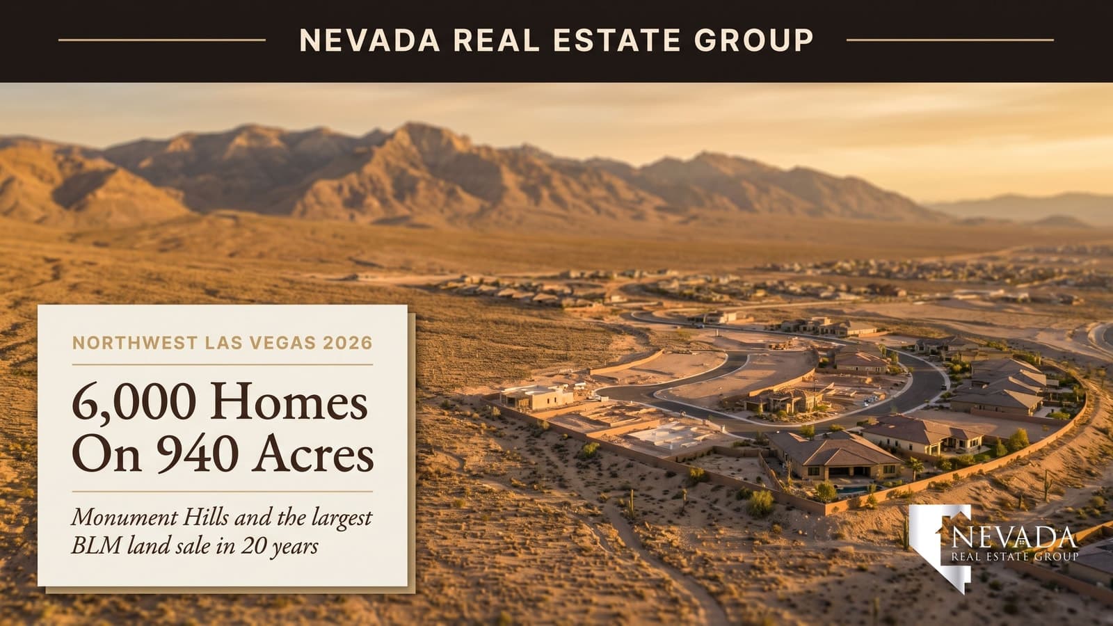 Open desert foothills at the northwest edge of the Las Vegas valley where the 940-acre Monument Hills master plan will be built after the 2026 federal land sale