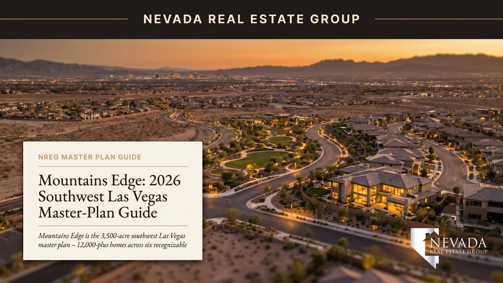 Mountains Edge southwest Las Vegas master plan aerial at sunset with Red Rock Canyon backdrop