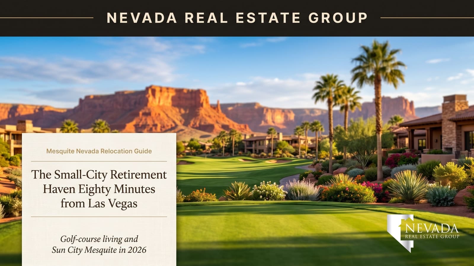 Green golf fairway and glowing red sandstone mesas in Mesquite Nevada, the small-city retirement and golf destination 80 minutes northeast of Las Vegas