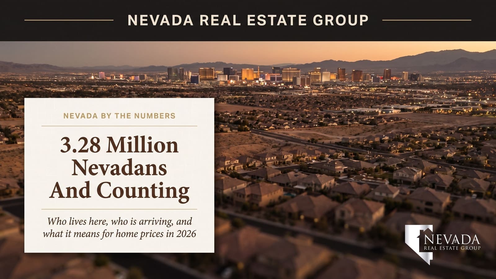 Twilight aerial over Las Vegas valley neighborhoods with the Strip skyline behind them, illustrating Nevada's 3.28 million residents and 2026 population data