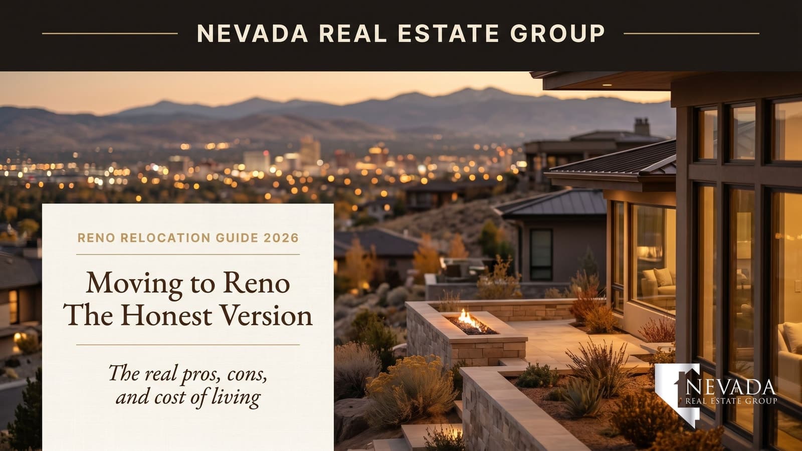 Reno Nevada downtown and Truckee River at dusk with the Sierra Nevada beyond — 2026 moving to Reno pros, cons, and cost of living guide