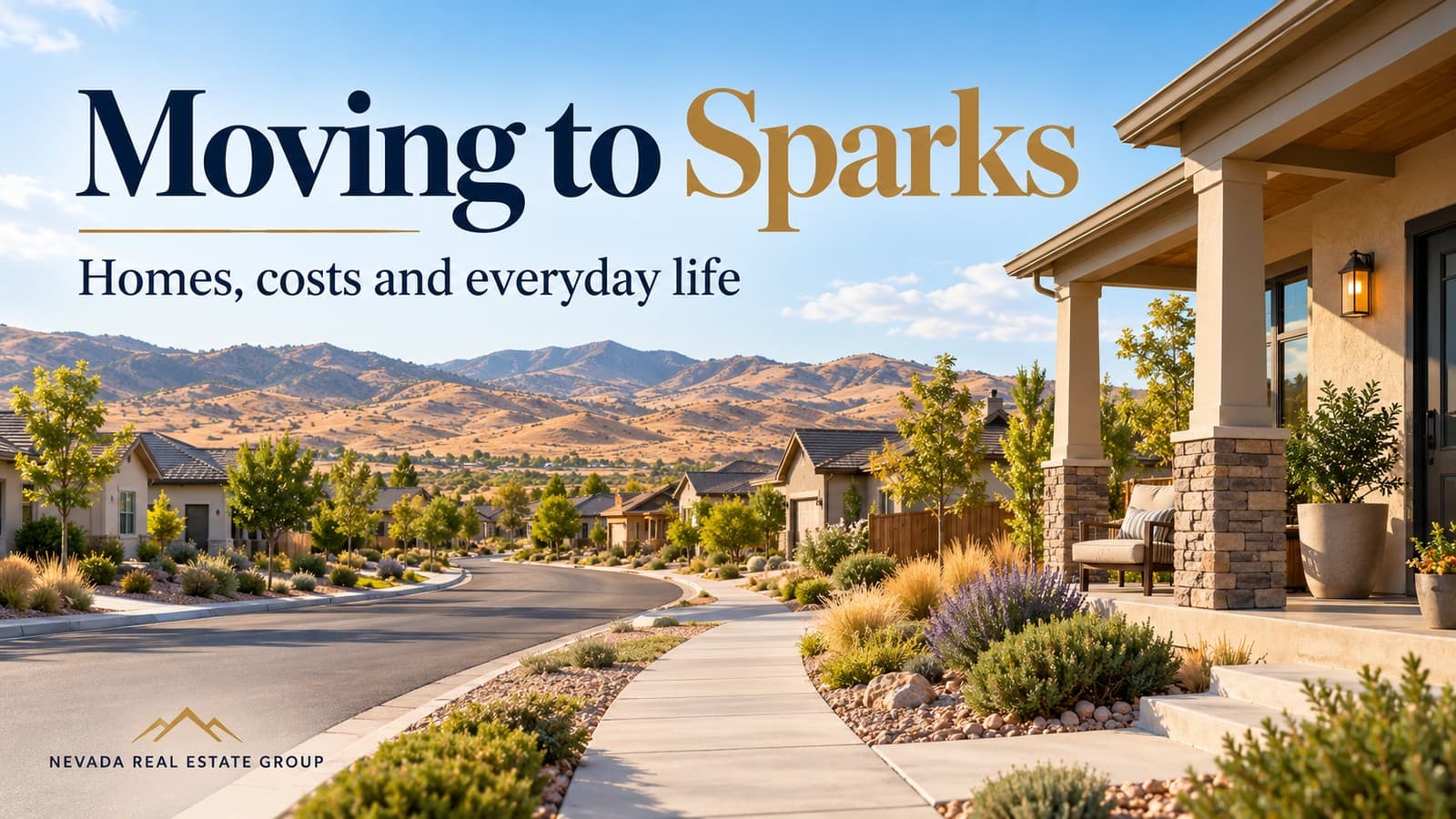 Conceptual illustration of high-desert homes, a sidewalk and a shaded porch for a Sparks relocation guide