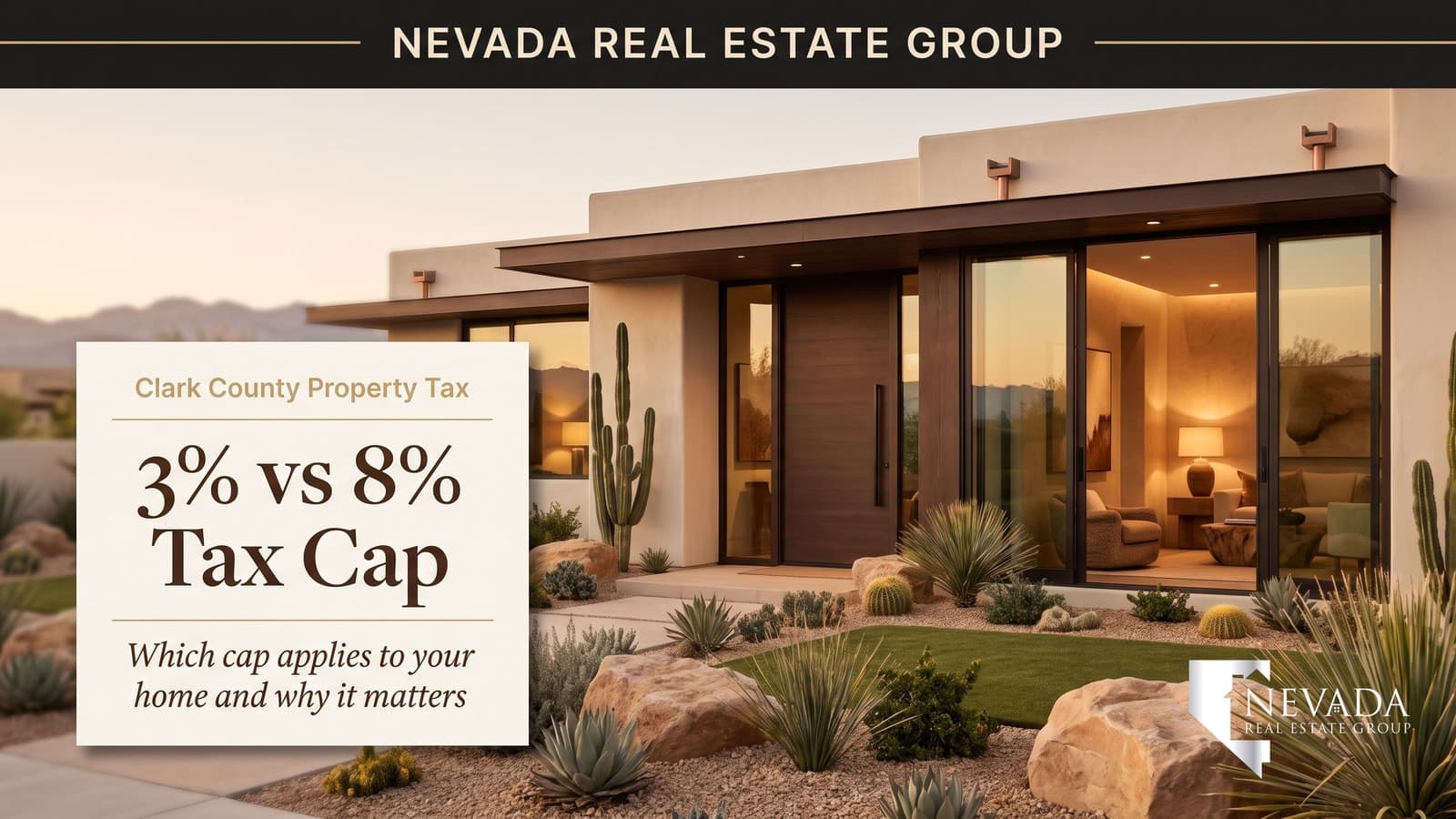 Las Vegas valley residential neighborhood at dusk with the Strip skyline beyond — Nevada 3 percent versus 8 percent Clark County property tax cap guide 2026