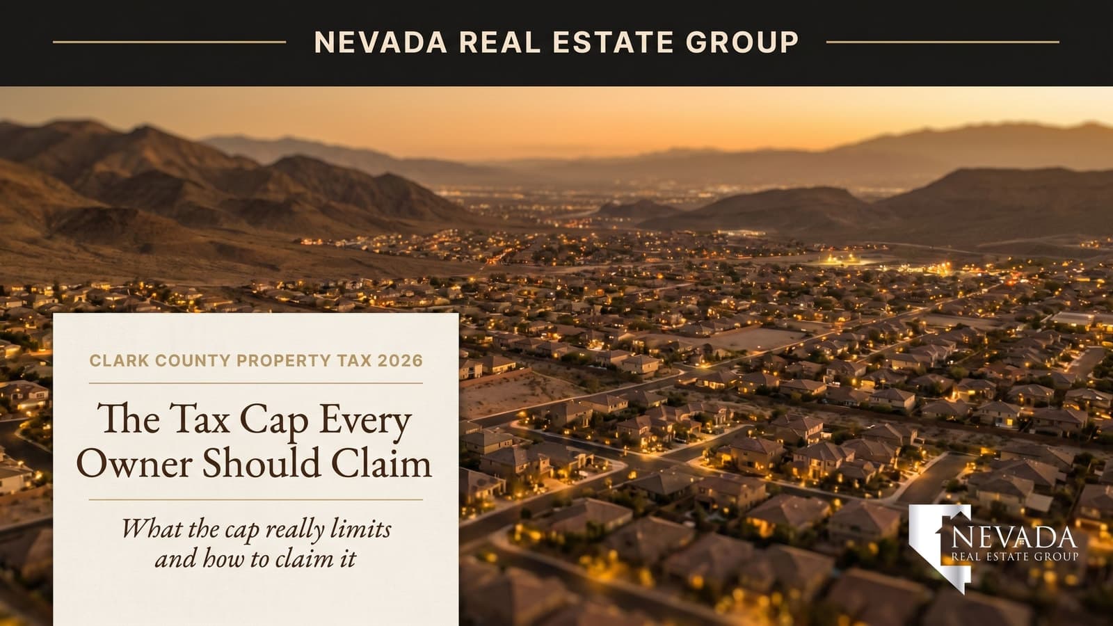 Las Vegas valley residential neighborhood at dusk with the Strip skyline beyond — Nevada 3 percent versus 8 percent Clark County property tax cap guide 2026